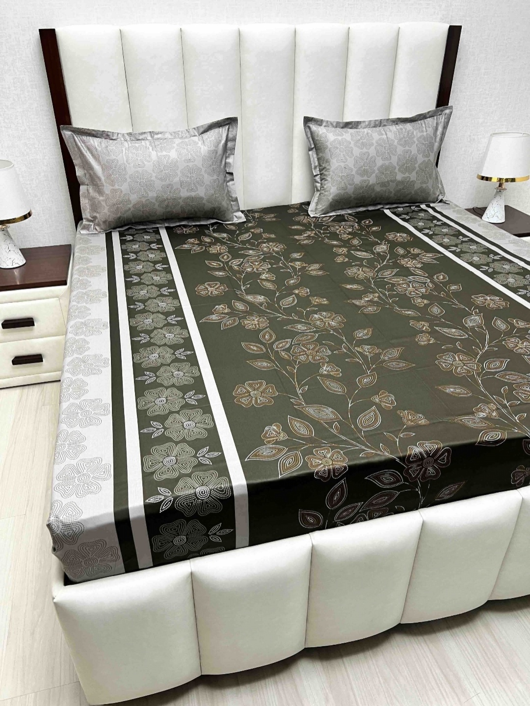 Pure Decor Velar Sib Brown Floral Printed Cotton 350 TC King Bedsheet Set 2.74 x 2.74 m