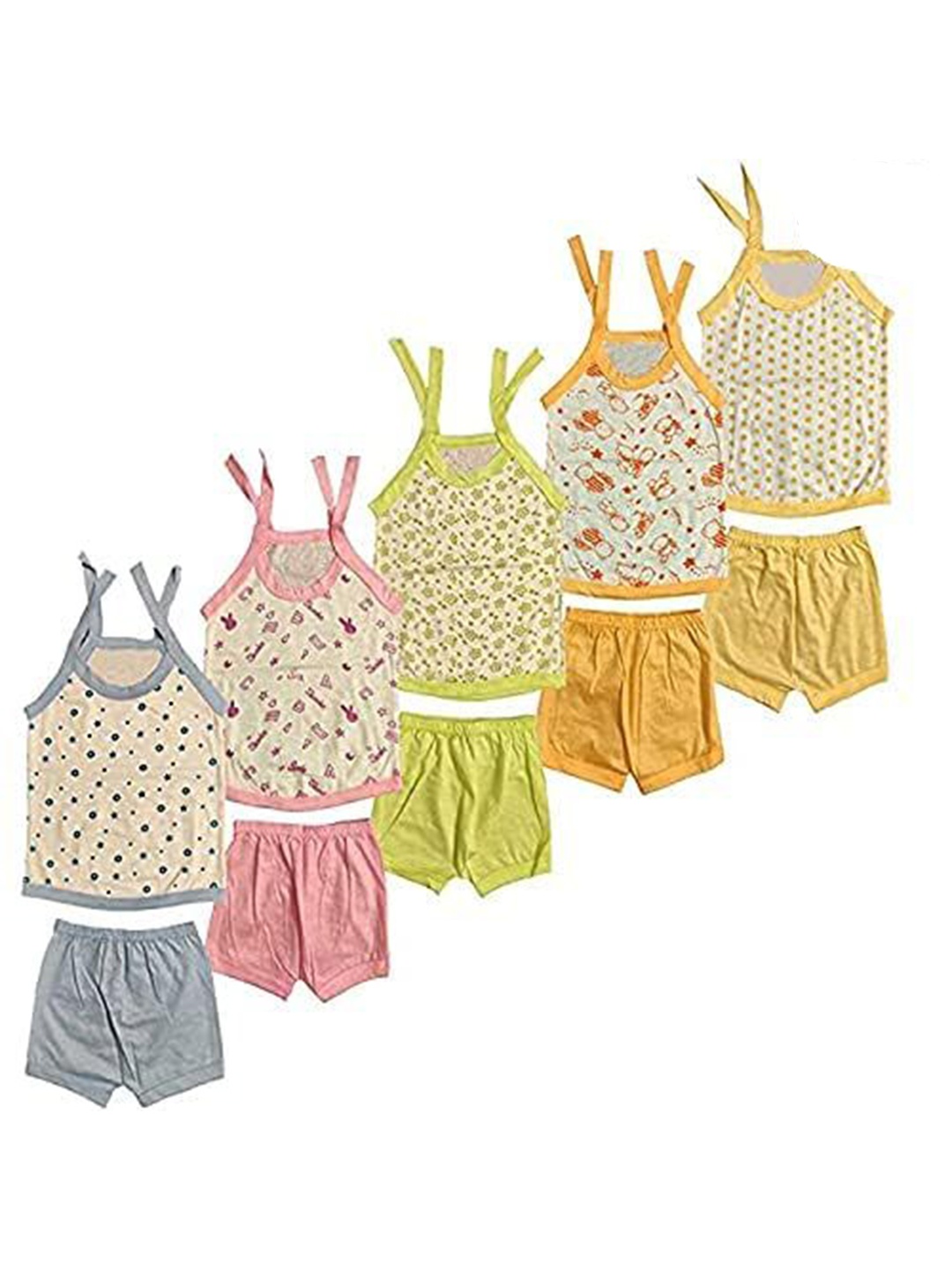 

Suman Tex Unisex Kids Pack Of 5 Printed Shoulder Straps Neck Top With Trouser, White