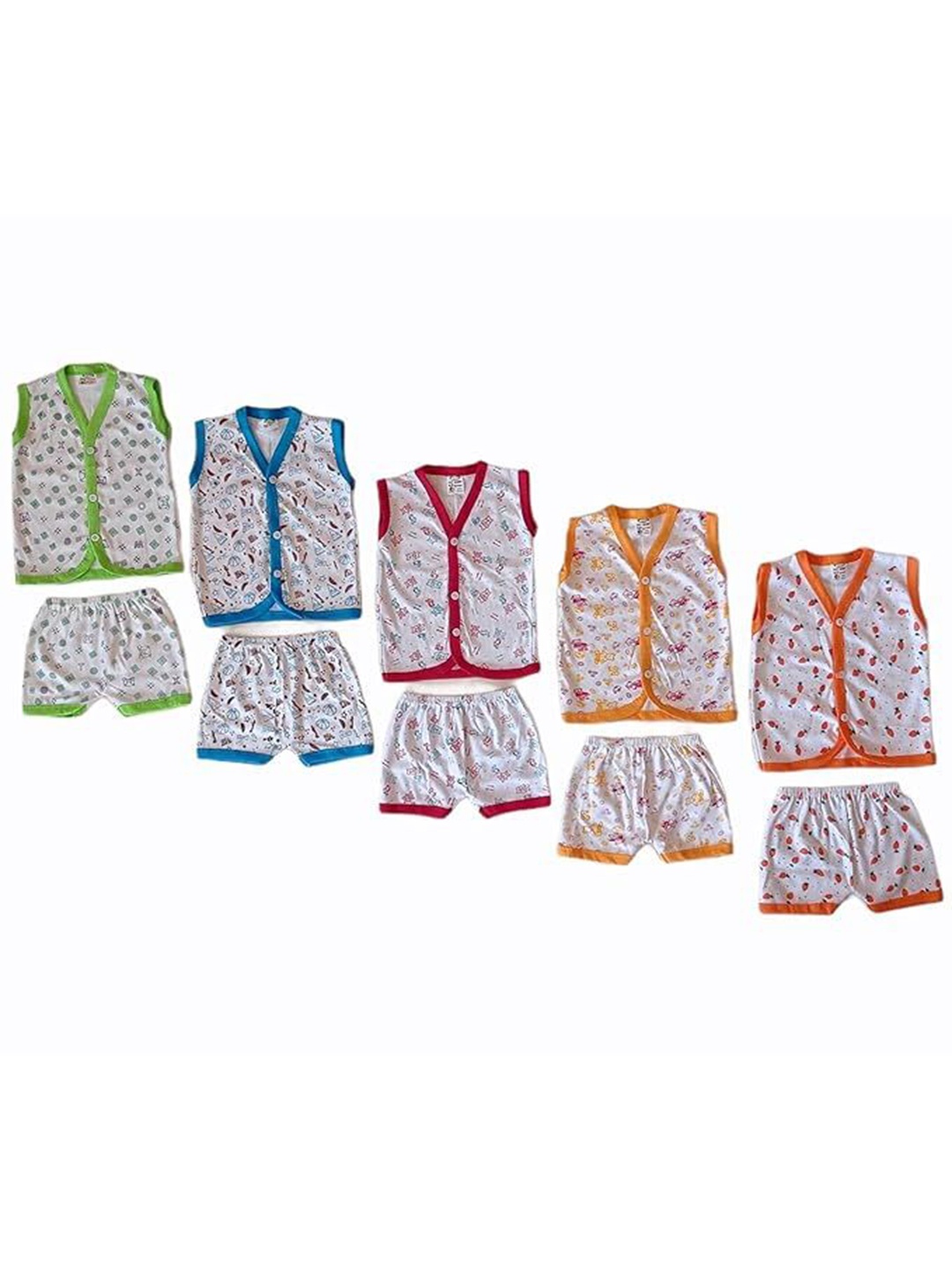 

Suman Tex Unisex Kids Pack Of 5 Printed V-Neck Sleeveless Shirt With Trouser, White