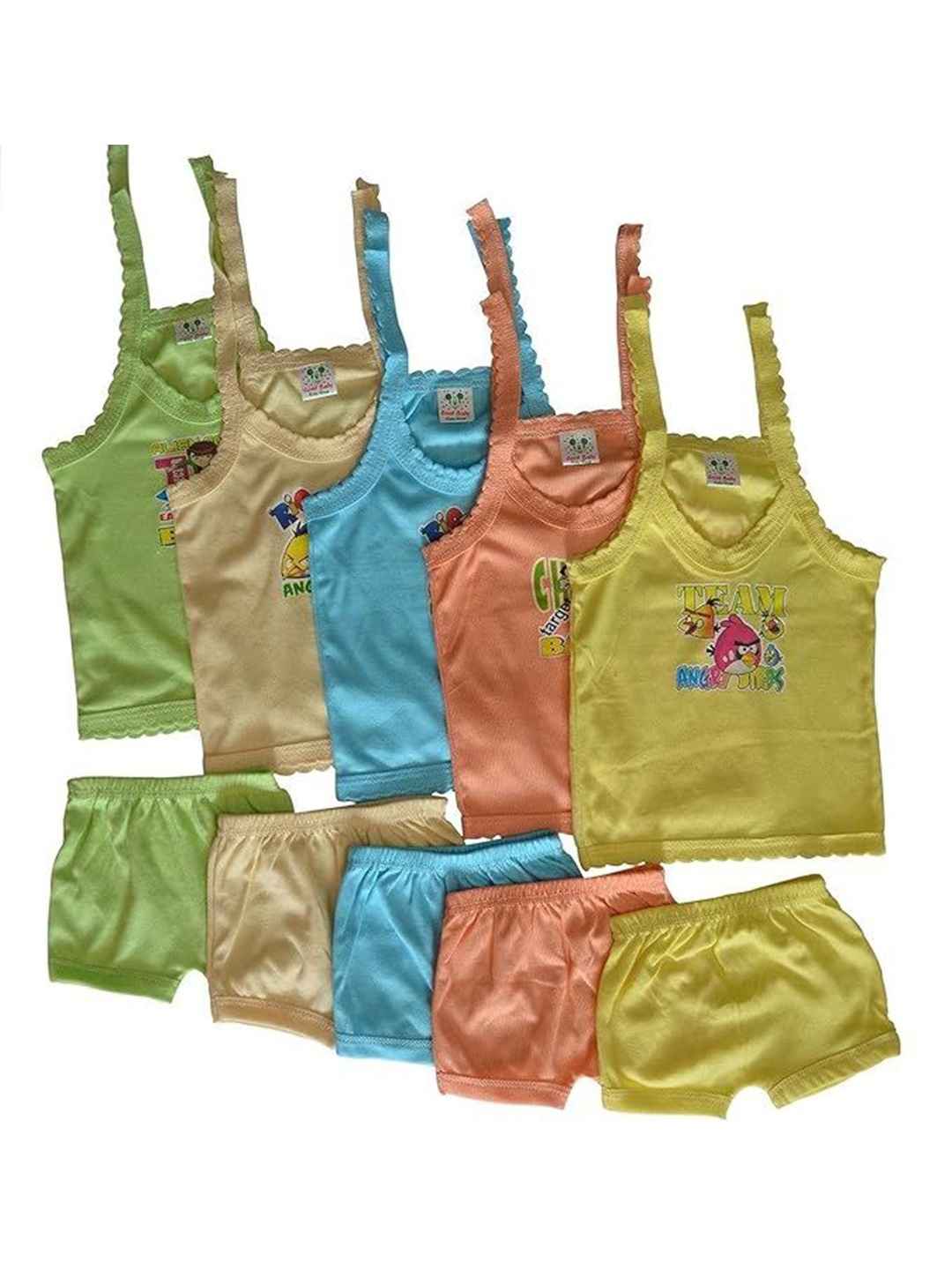 

Suman Tex Unisex Kids Pack Of 5 Printed Shoulder Straps Neck Top With Trouser, Green