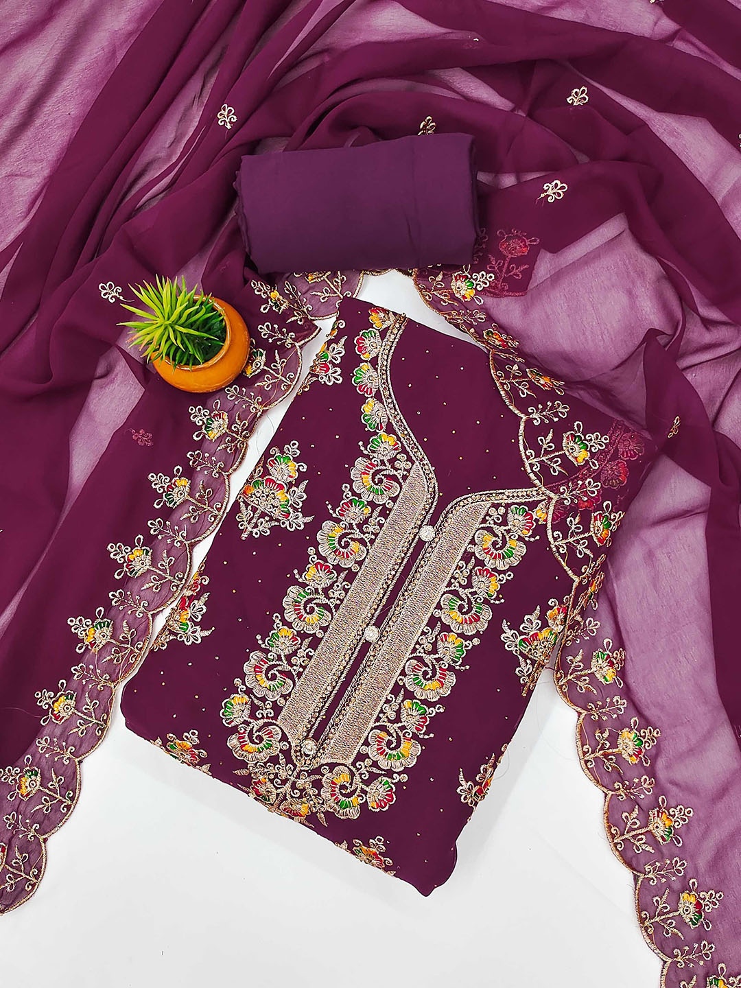 Panzora Floral Embroidered Stone Work Unstitched Dress Material, Purple