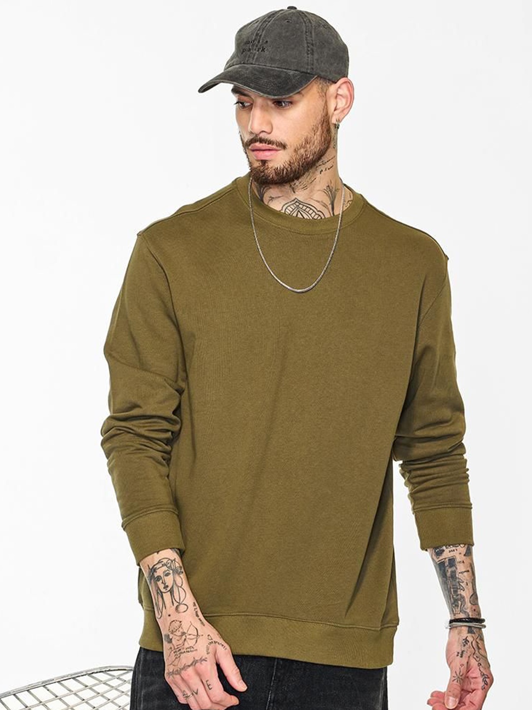 

Snitch Men Cotton Round Neck Pullover, Olive