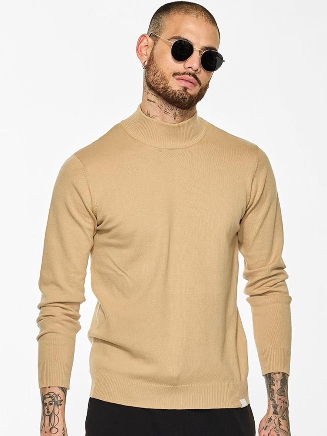 

Snitch Men Mock Collar Long Sleeves Pullover, Beige