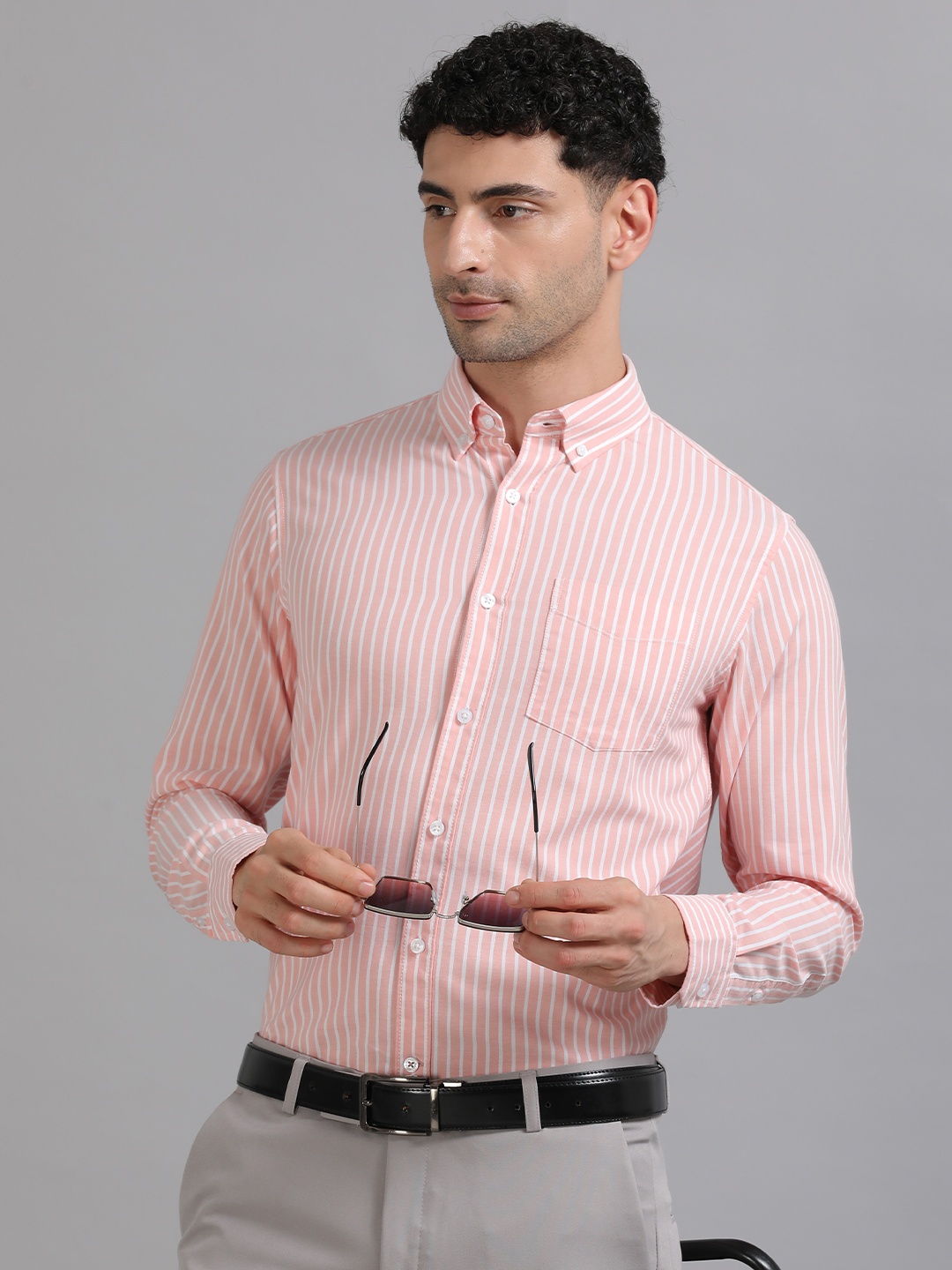 

THE FORMAL CLUB Men Smart Fit Button-Down Collar Vertical Striped Cotton Casual Shirt, Peach