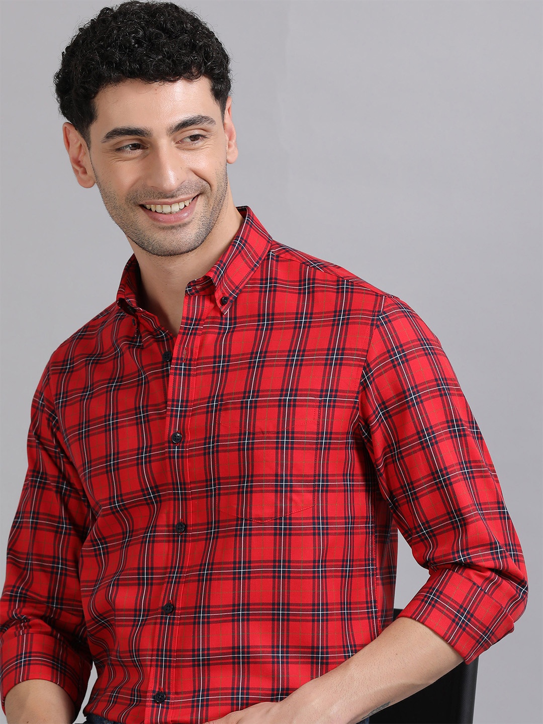 

THE FORMAL CLUB Men Smart Fit Button-Down Collar Checked Cotton Casual Shirt, Red