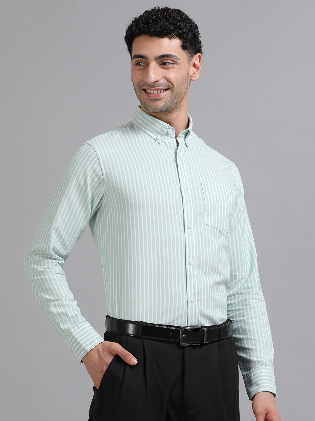 

THE FORMAL CLUB Men Smart Fit Button-Down Collar Vertical Striped Cotton Casual Shirt, Sea green