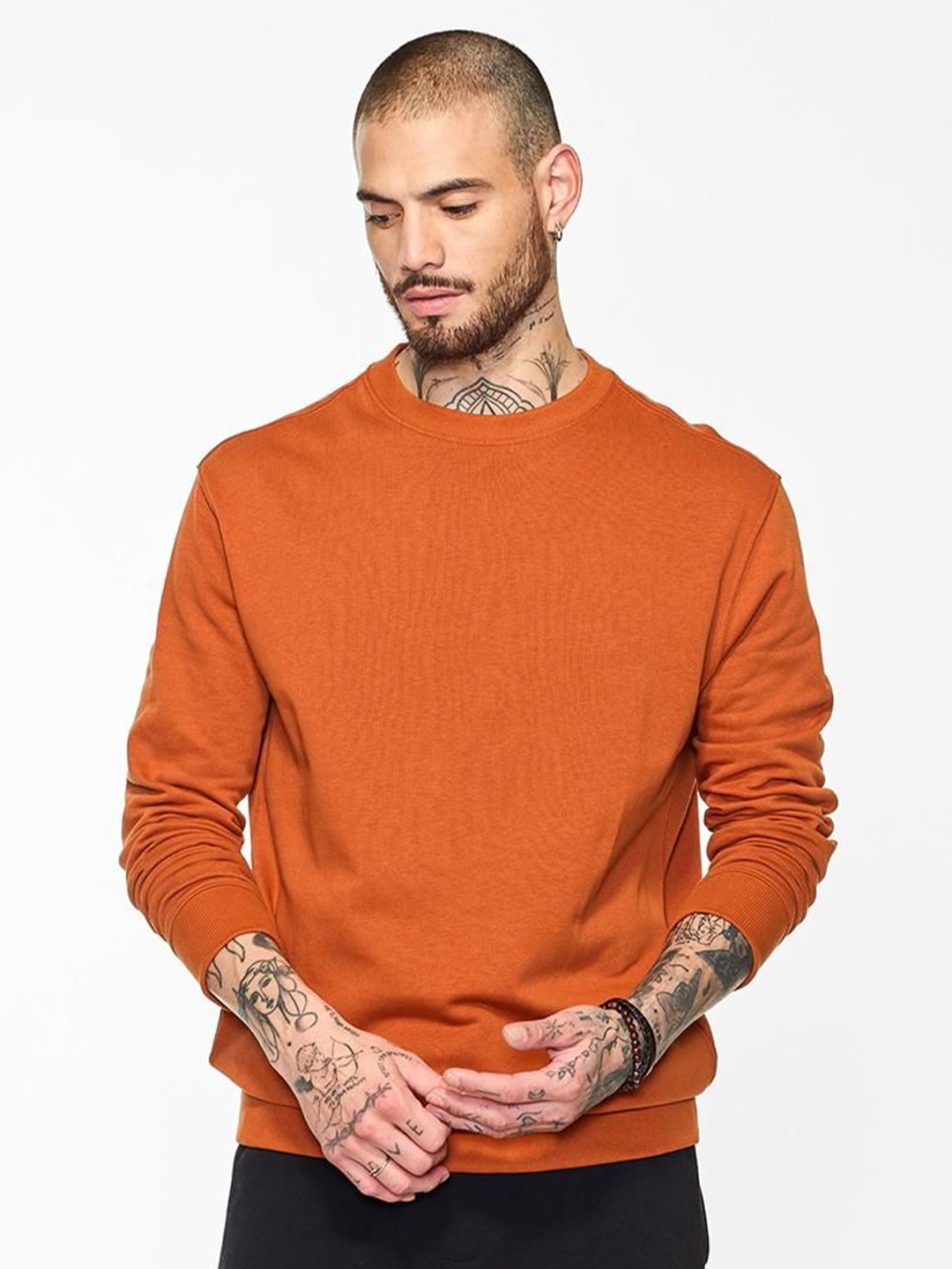 

Snitch Men Cotton Round Neck Long Sleeves Pullover, Orange