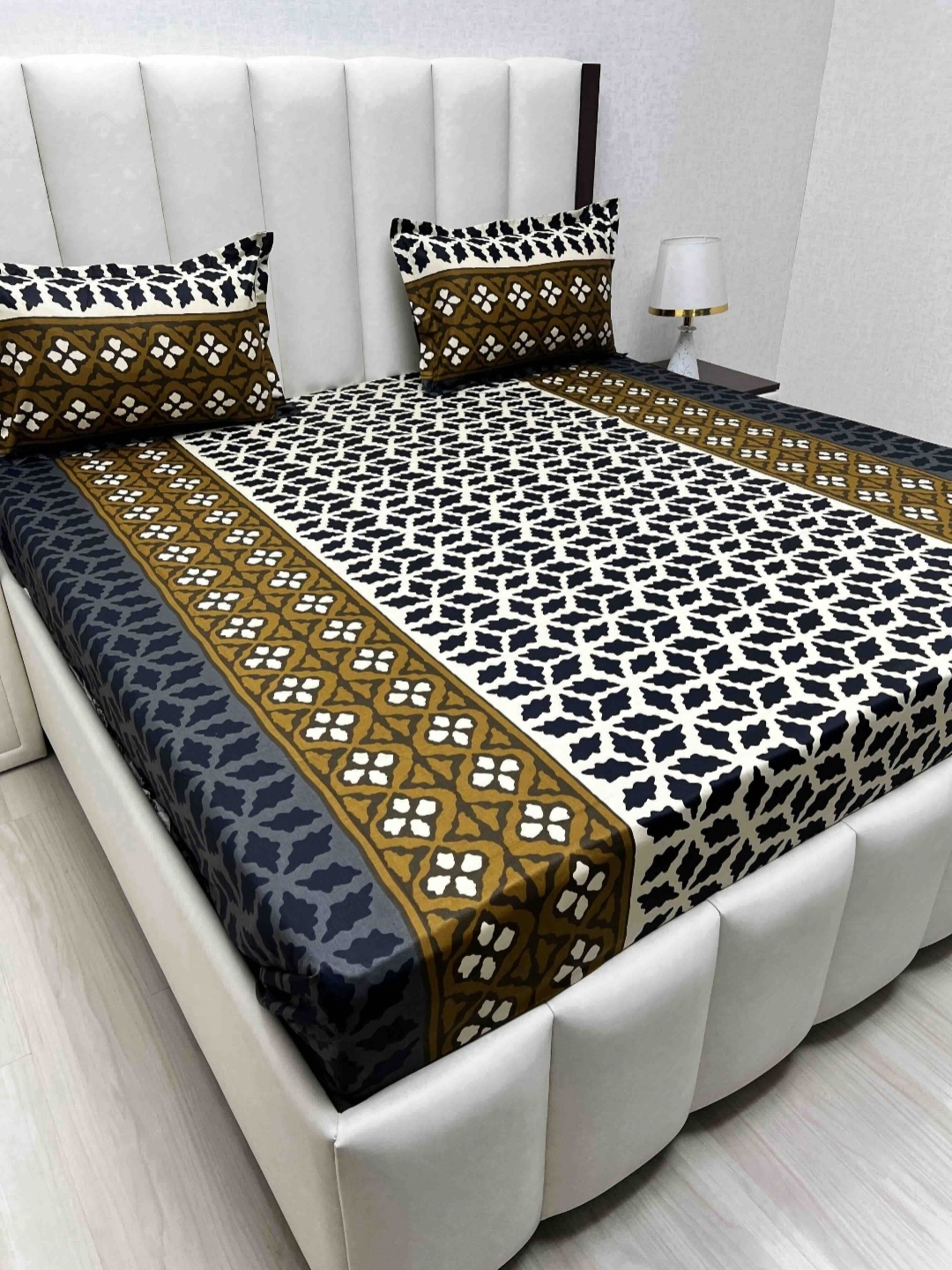 Pure Decor Velar Sib Brown Geometric Printed Cotton 330 TC King Bedsheet Set 2.74 x 2.74 m