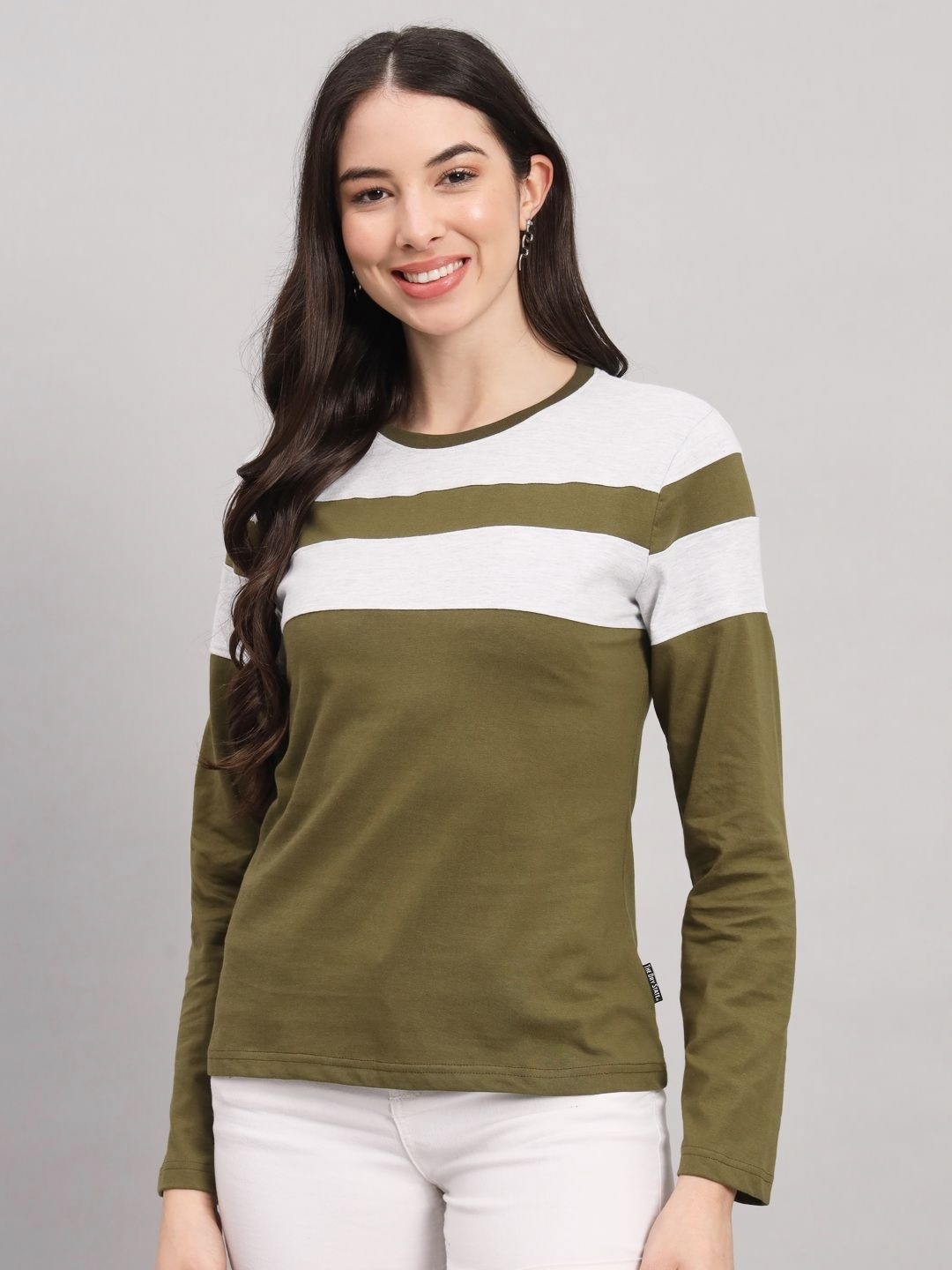 

The Dry State Women Colourblocked Round Neck Cotton T-shirt, Olive