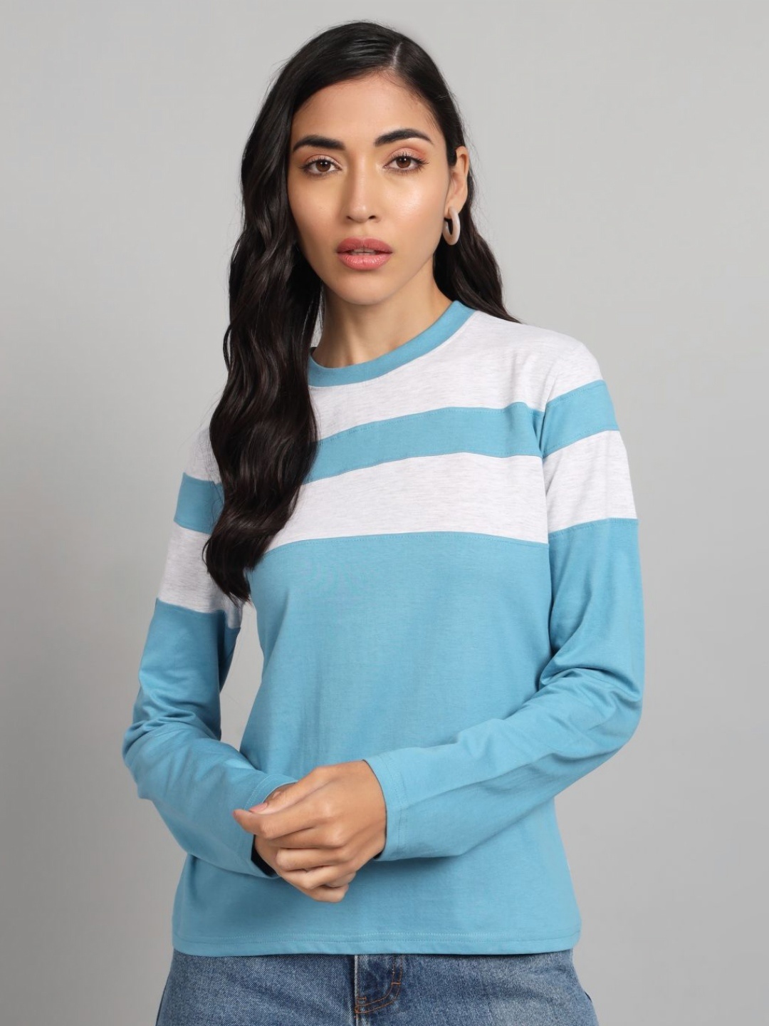 

The Dry State Women Colourblocked Round Neck Cotton T-shirt, Blue