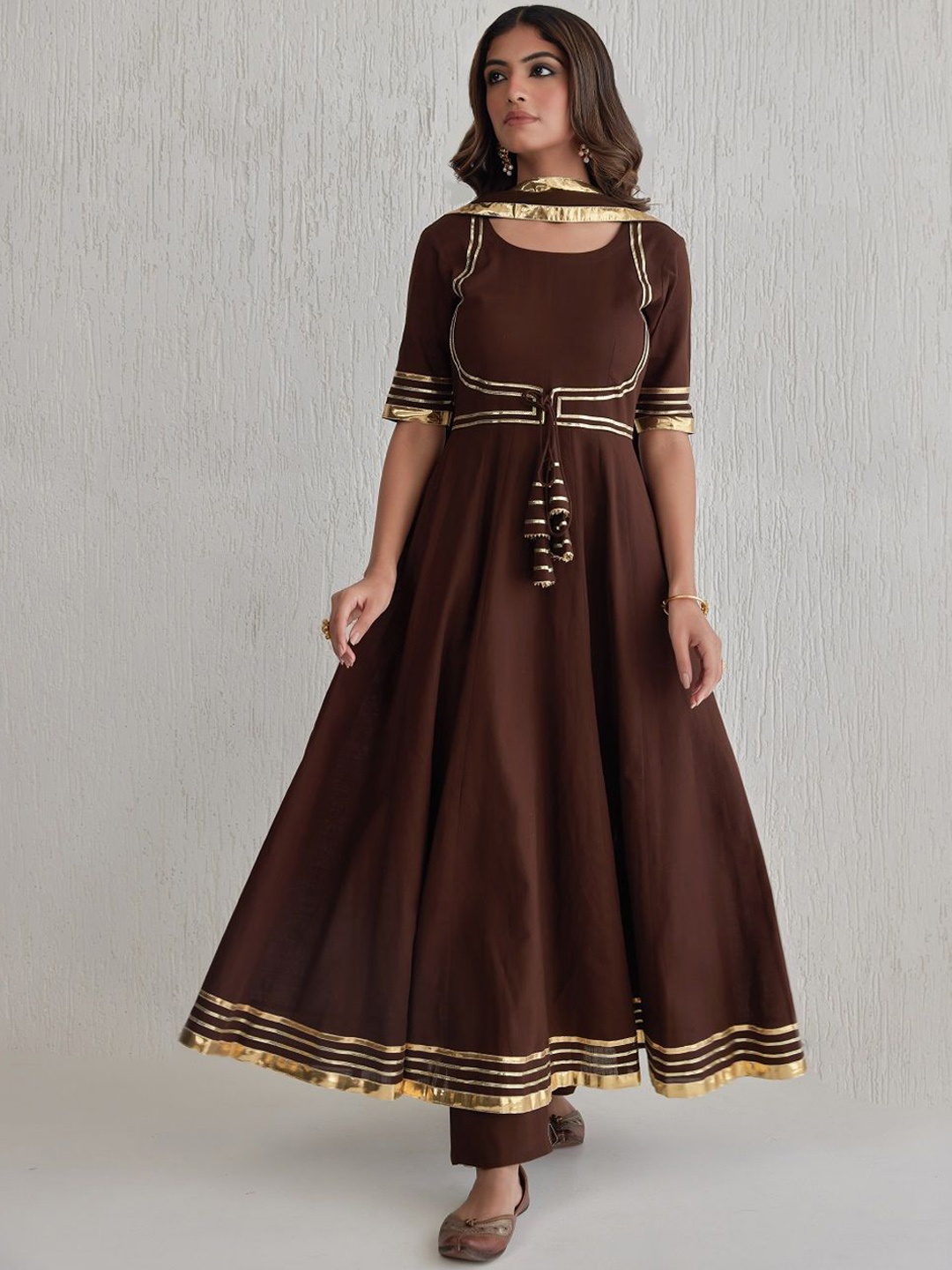 

IMROZ HOUSE Gotta Patti Pure Cotton Anarkali Kurta With Trouser & Dupatta, Brown