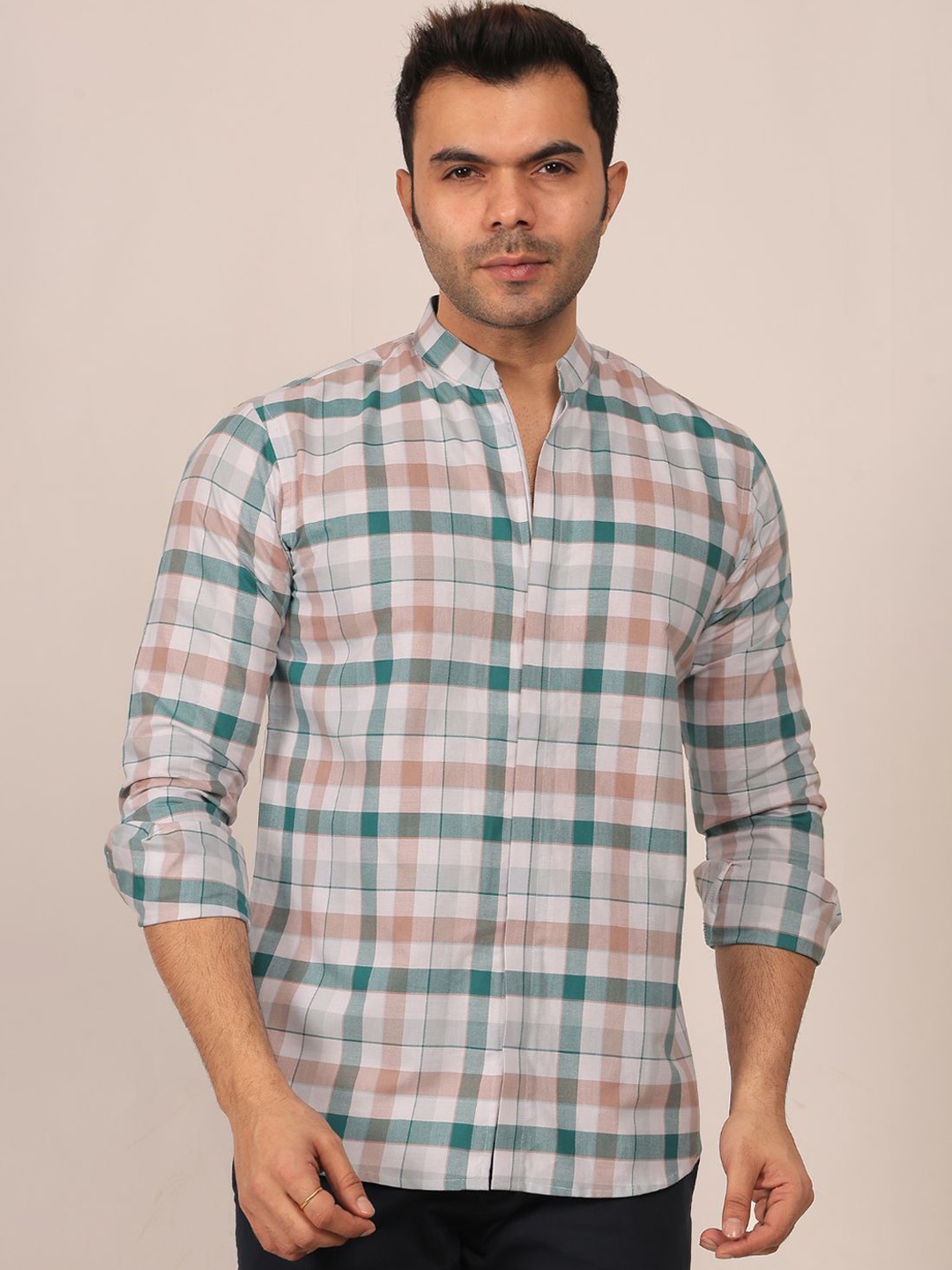 

Mculine Men Standard Fit Mandarin Collar Tartan Checked Cotton Casual Shirt, White