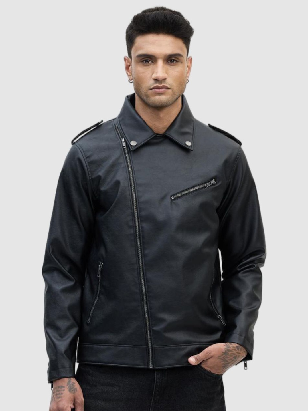 

Snitch Men Spread Collar Solid Casual Biker Jacket, Black