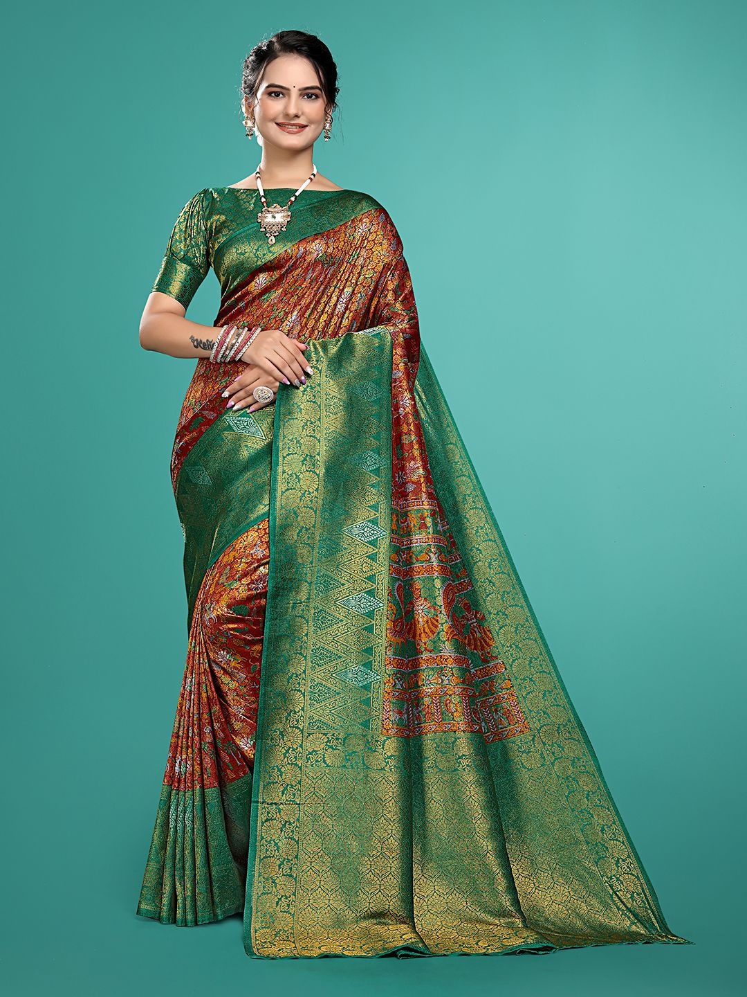 

Aagiri Women Woven Design Zari Pure Silk Banarasi Saree, Red