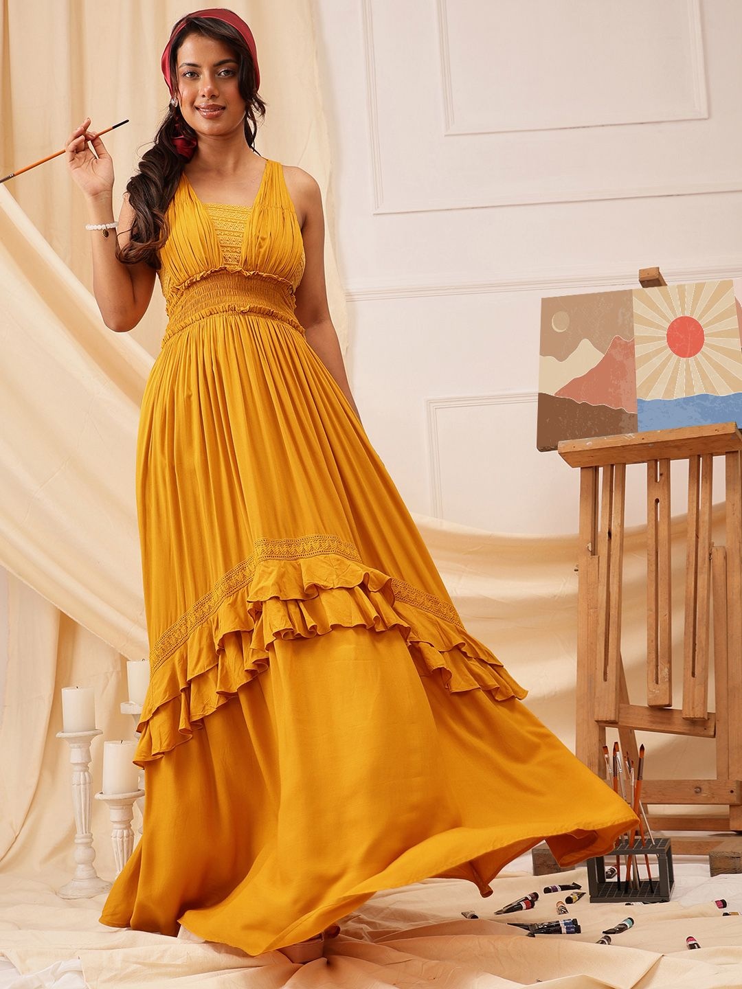 

QUIERO Women Ruffled Fit & Flare Maxi Dress, Mustard
