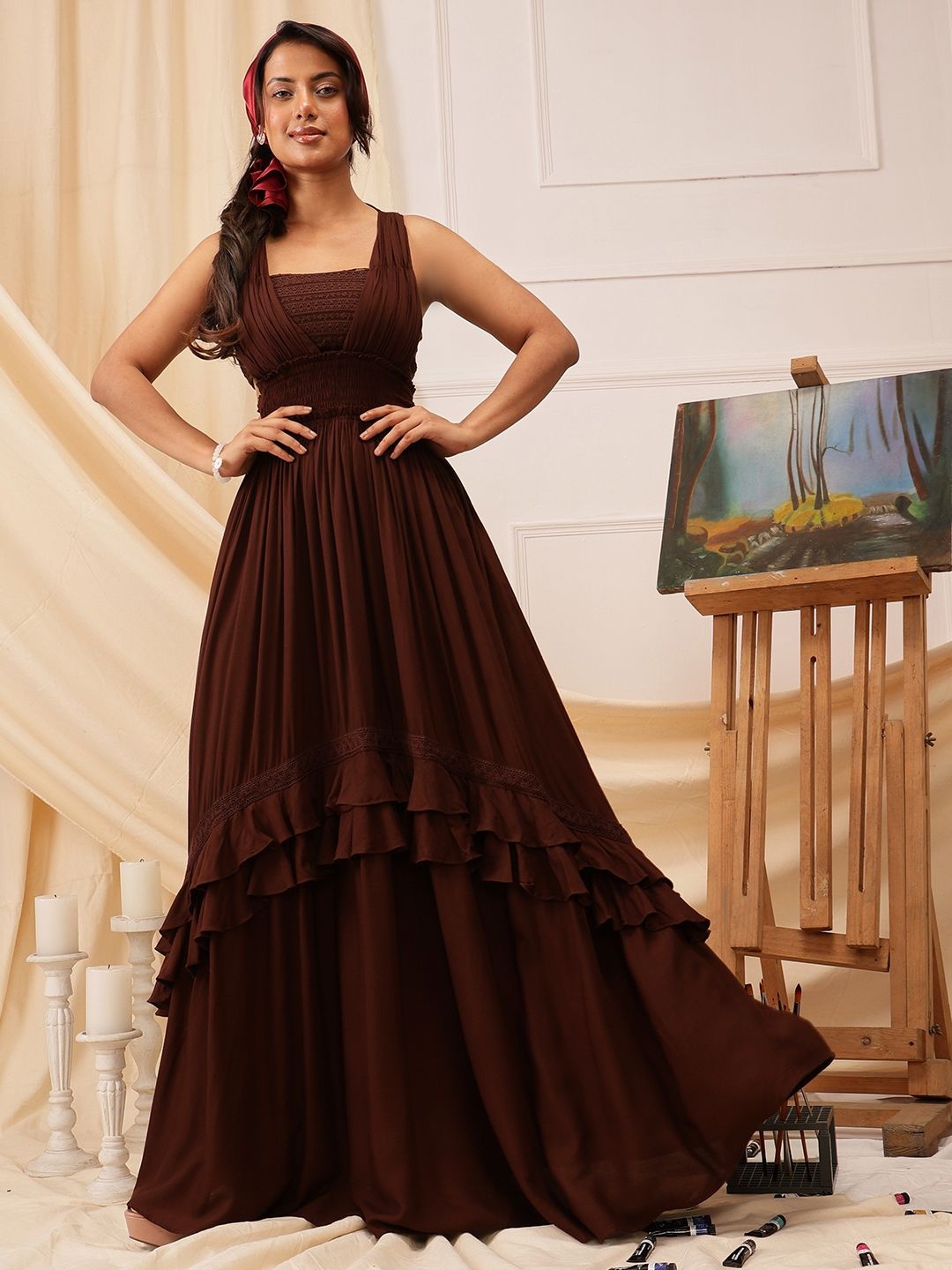 

QUIERO Women Ruffled Fit & Flare Maxi Dress, Brown