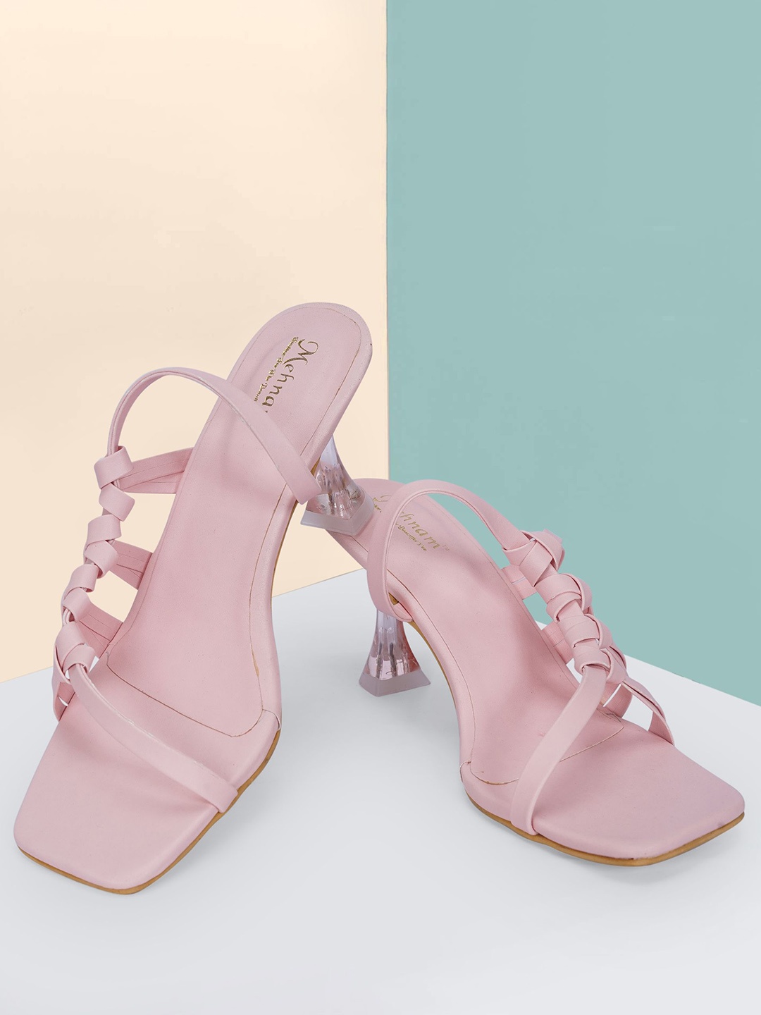 

MEHNAM Women Woven Design Kitten Sandals, Pink