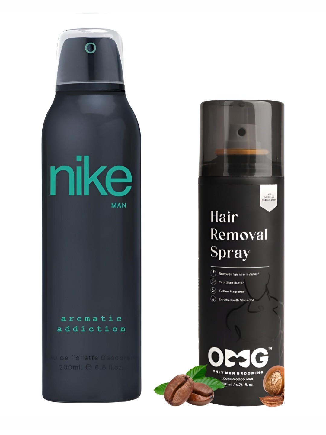 

Nike Set Of 2 Aromatic Addiction Deodorant & Omg Hair Removal Spray - 200 ml Each, Transparent