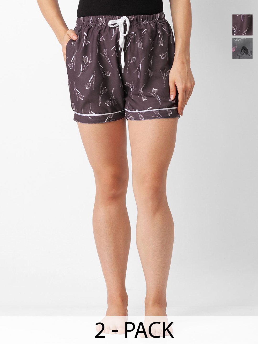 

NOIRA Women Pack Of 2 Printed Lounge Shorts, Black