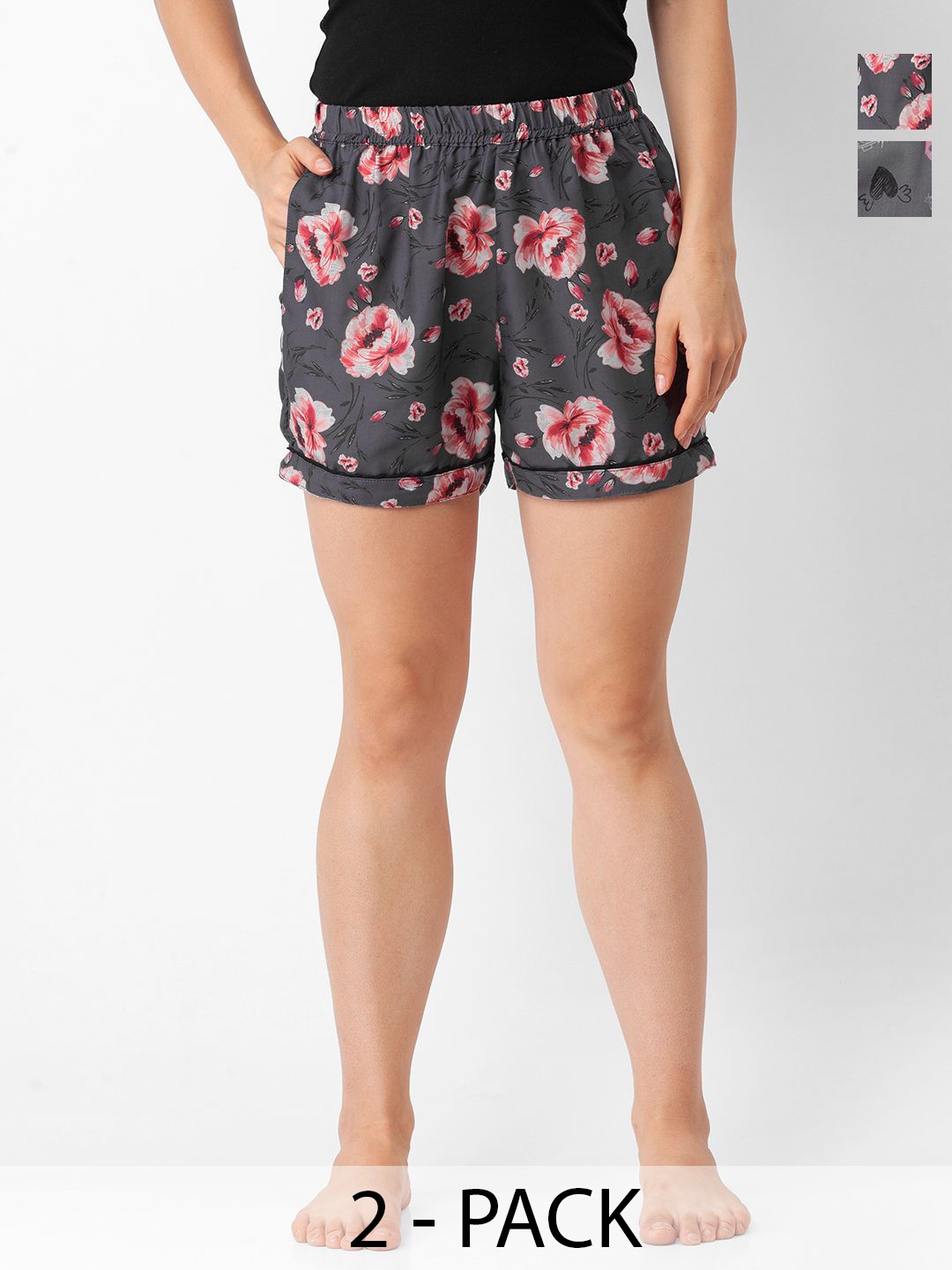 

NOIRA Women Pack Of 2 Printed Lounge Shorts, Grey