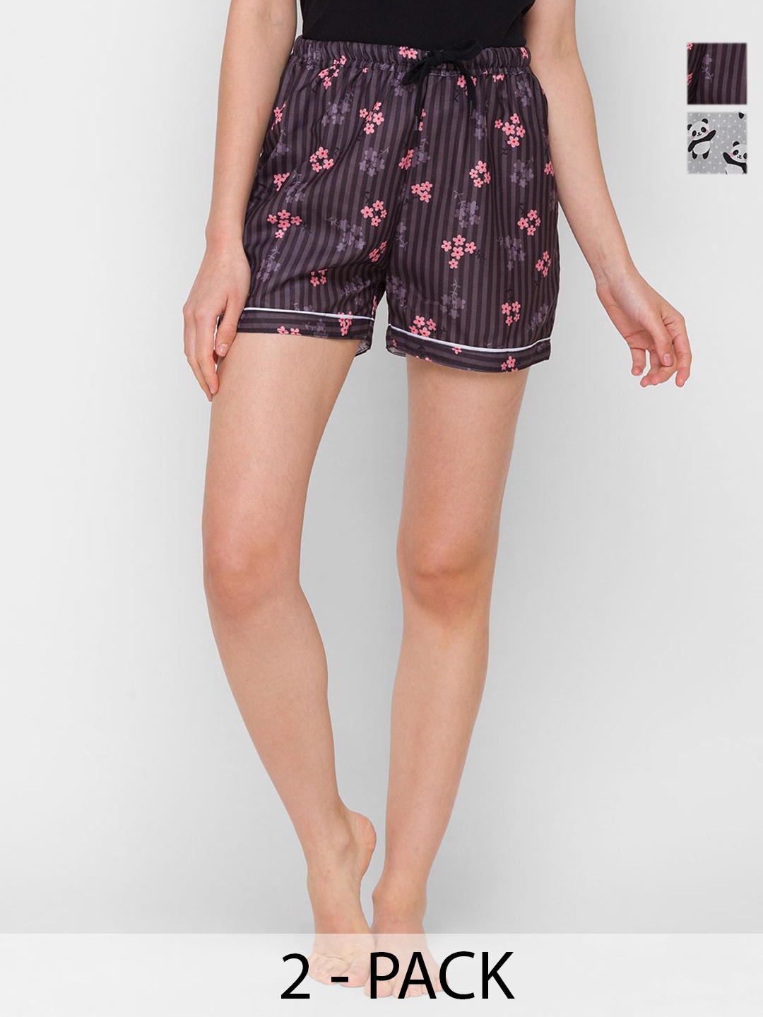 

NOIRA Women Pack Of 2 Printed Lounge Shorts, Grey