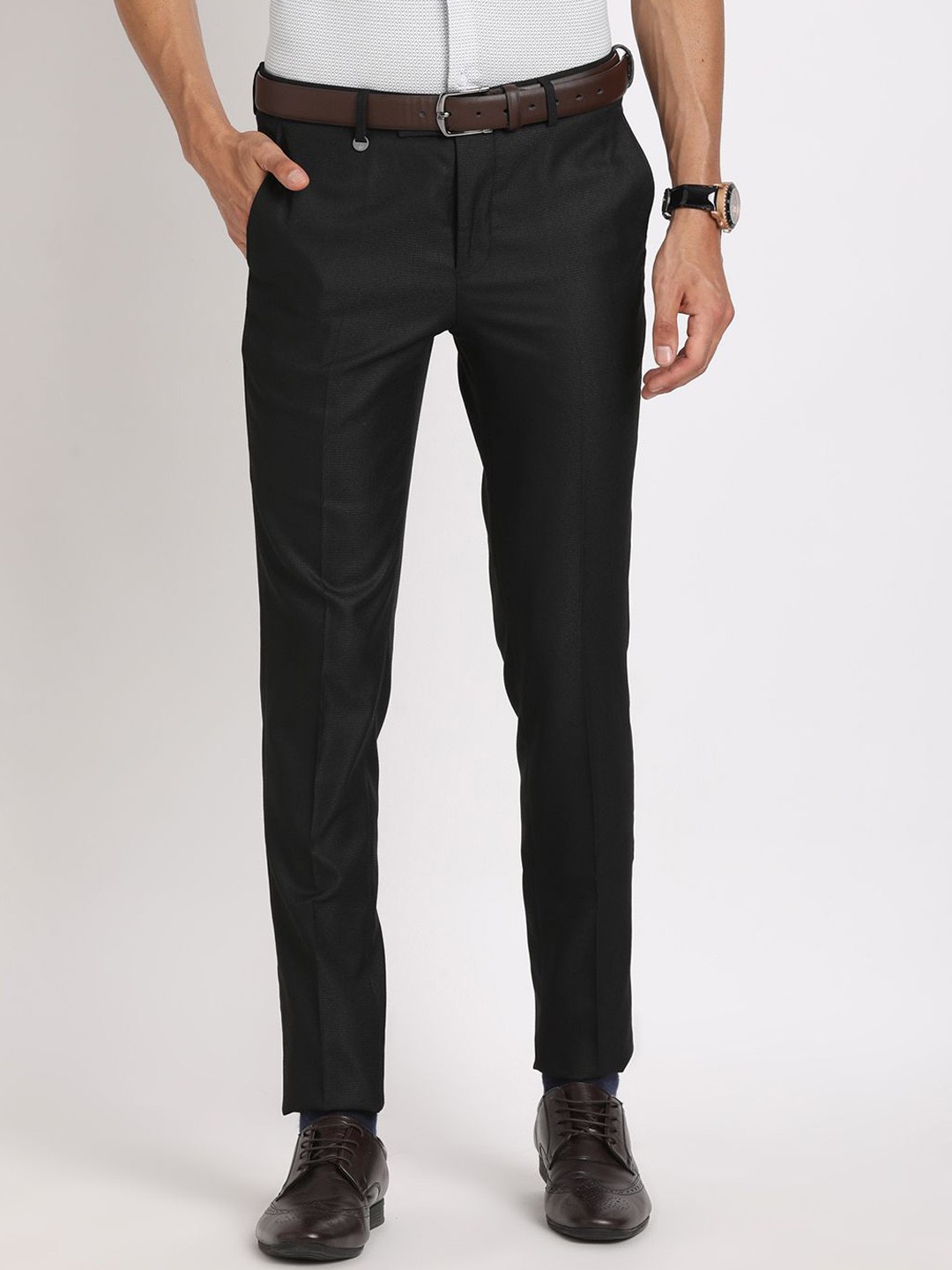 

Turtle Men Textured Tailored Slim Fit Trousers, Black
