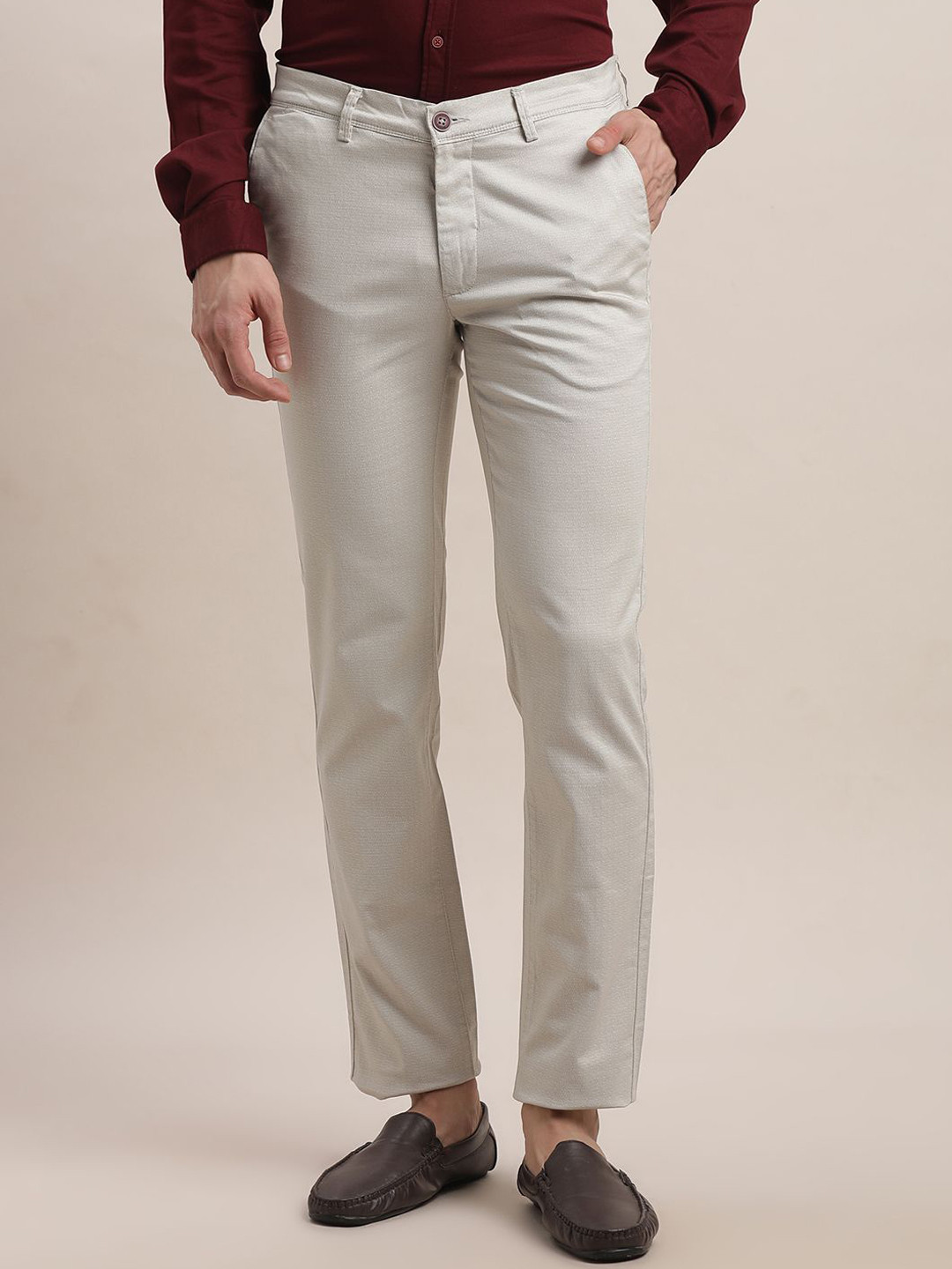 

Turtle Men Printed Relaxed Skinny Fit Chinos Trousers, Grey melange