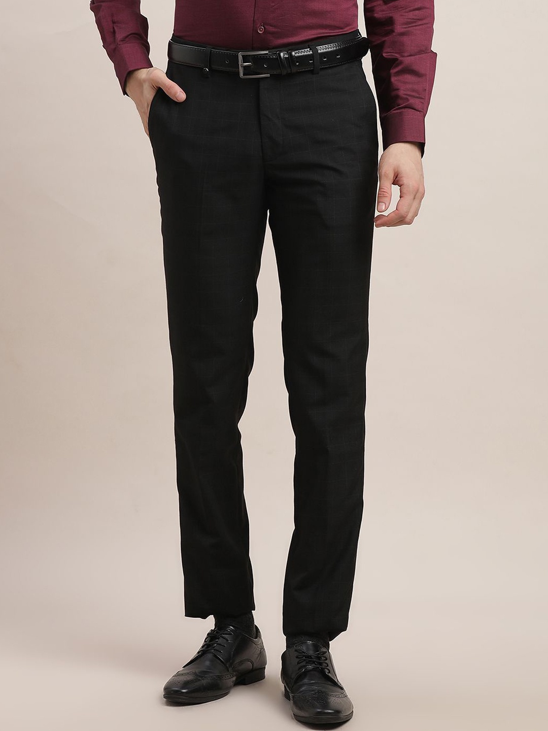 

Turtle Men Textured Checked Tailored Slim Fit Trousers, Black