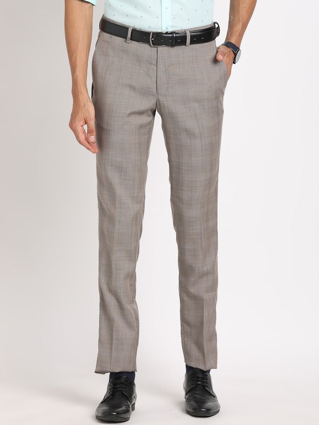 

Turtle Men Checked Tailored Slim Fit Trousers, Grey