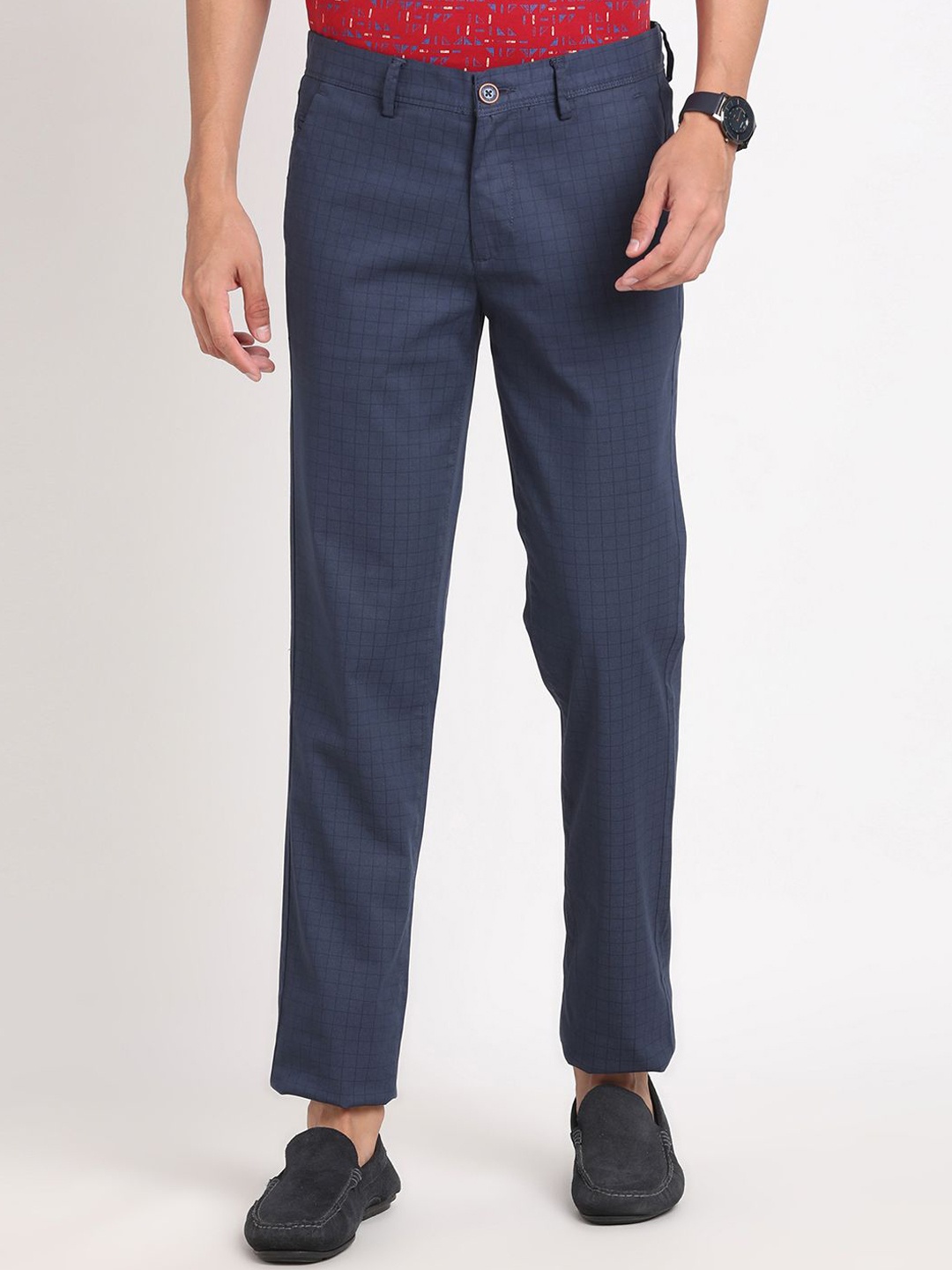 

Turtle Men Checked Relaxed Skinny Fit Chinos Trousers, Blue
