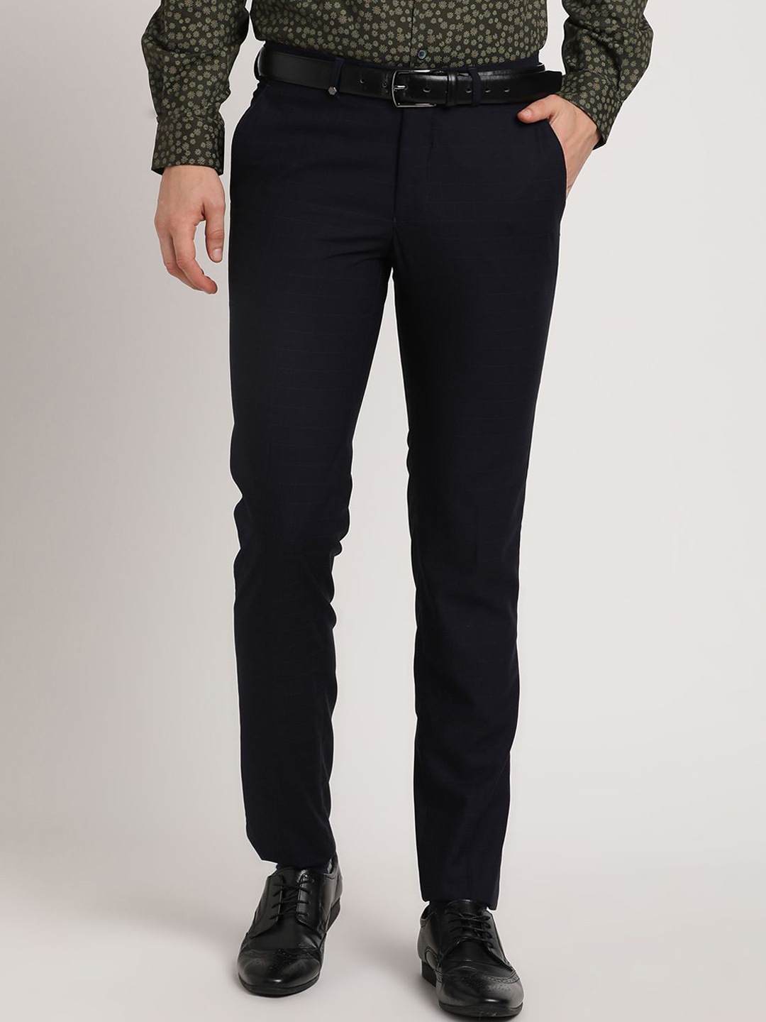 

Turtle Men Checked Tailored Slim Fit Trousers, Navy blue