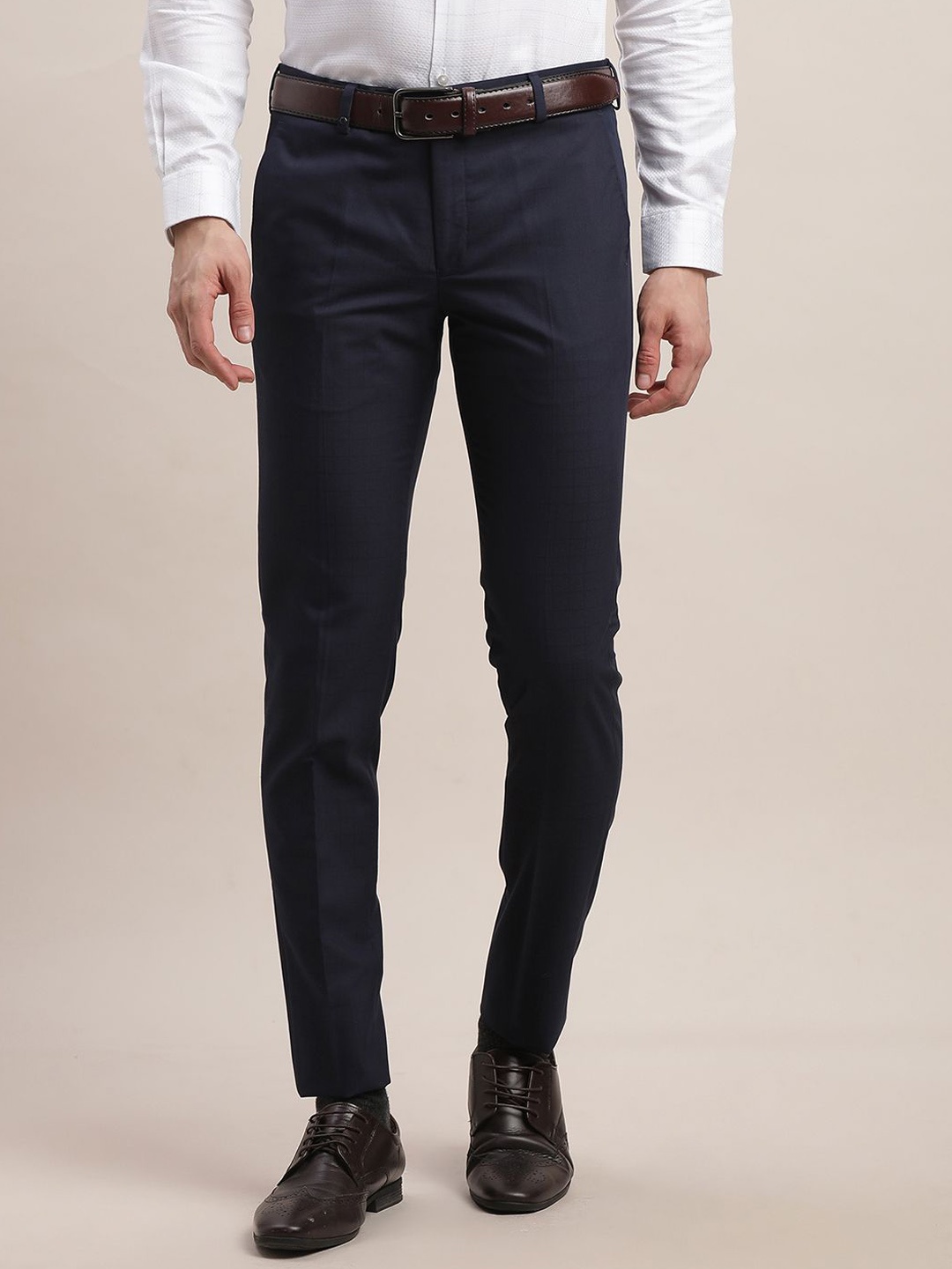 

Turtle Men Checked Tailored Slim Fit Trousers, Navy blue