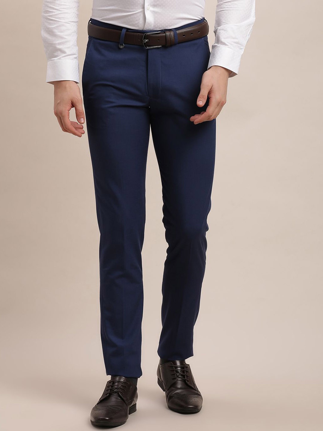 

Turtle Men Checked Tailored Skinny Fit Formal Trousers, Blue