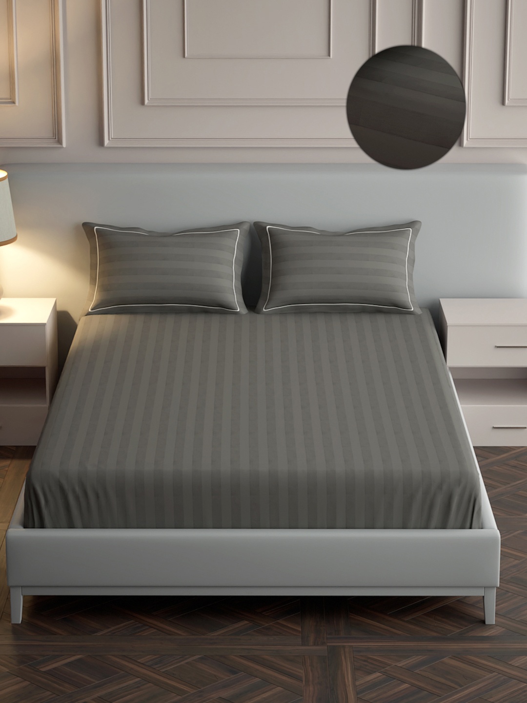 

Mulberry Living Elysian Stripes 300TC Queen Size Cotton Bedsheet with 2 Pillows Covers, Grey