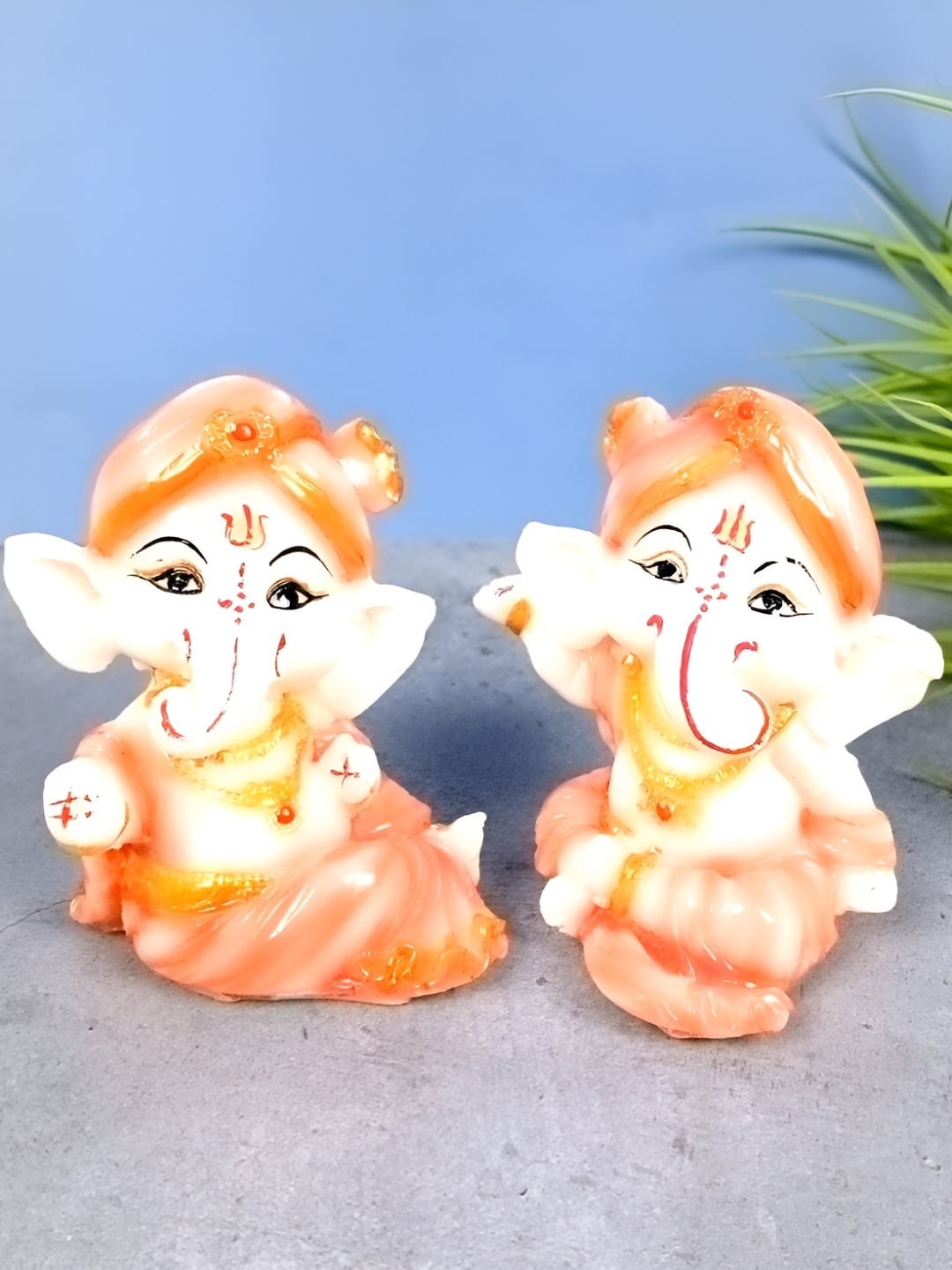 apka mart Orange and White 2 Pcs Shri Ganesha Idol Religious Idol Showpiece