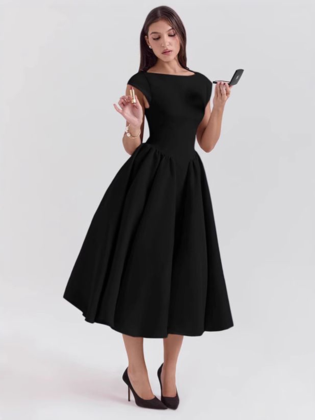 

StyleCast Women Boat Neck Fit And Flare Midi Dress, Black