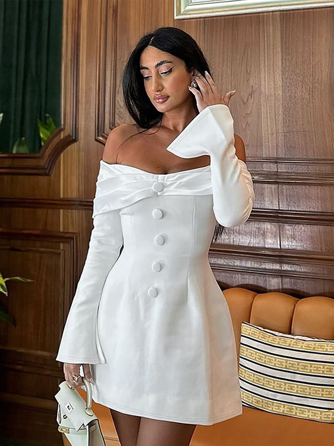 

StyleCast Women Off-Shoulder Flared Sleeve Satin Fit & Flare Dress, White