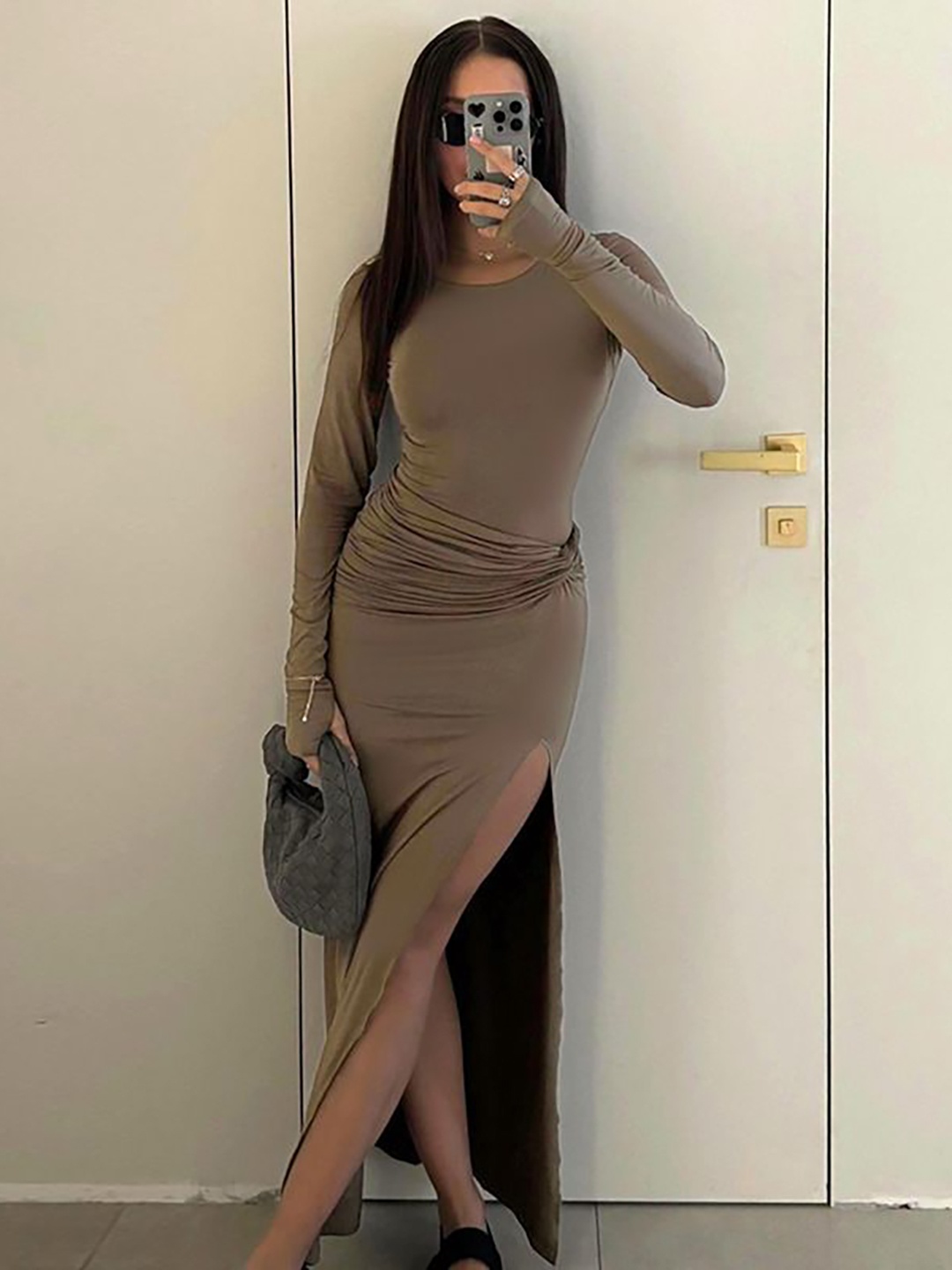 

StyleCast Round Neck Satin Maxi Dress, Brown