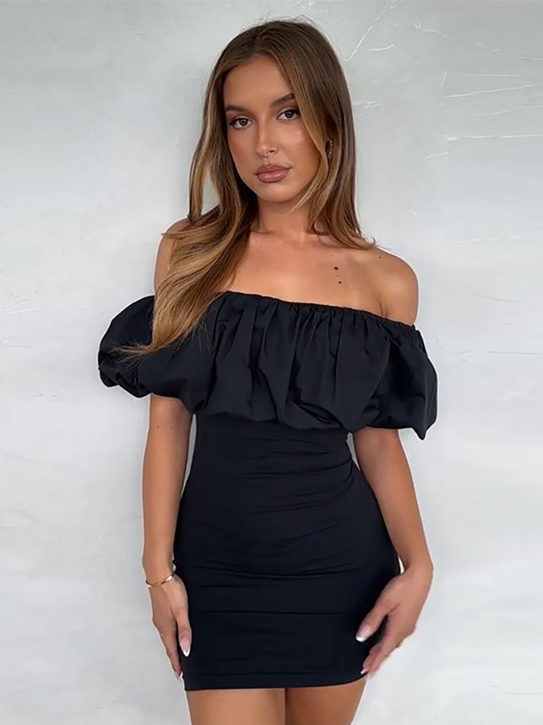 

StyleCast Off-Shoulder Satin Bodycon Mini Dress, Black