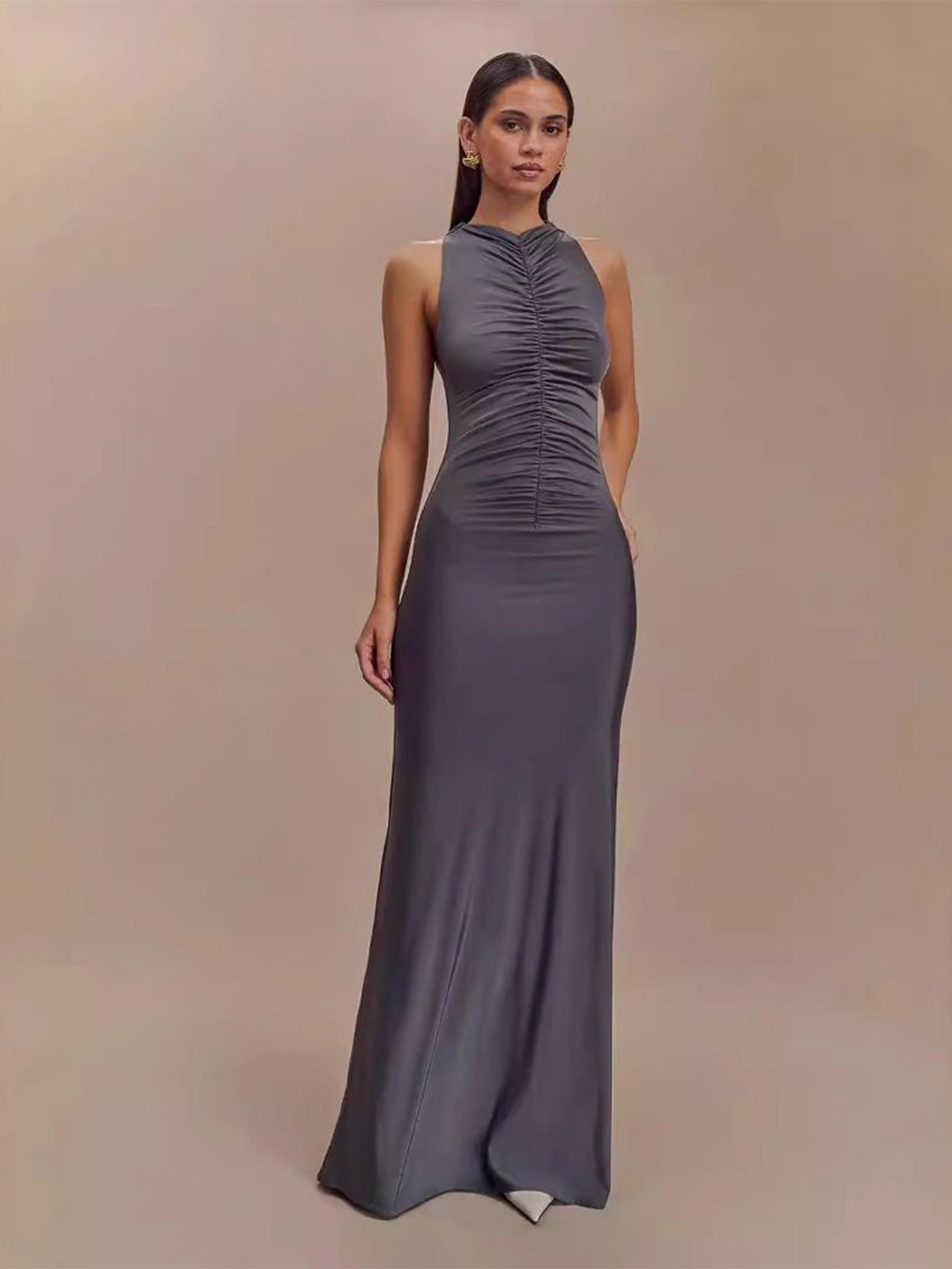 

StyleCast Women Halter Neck Ruched Maxi Dress, Grey