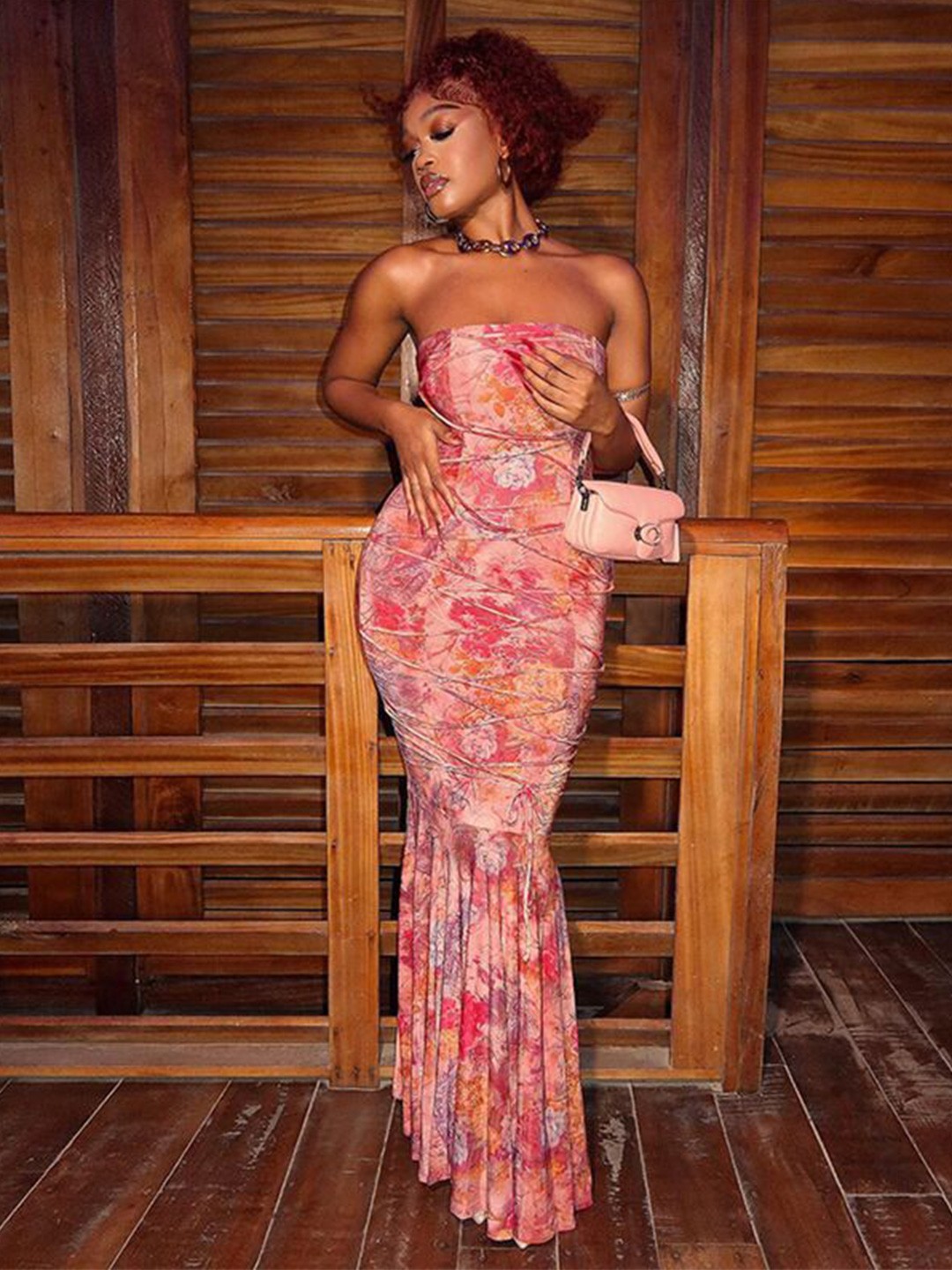 

StyleCast Floral Printed Tie-Ups Detail Bandeau Maxi Dress, Pink