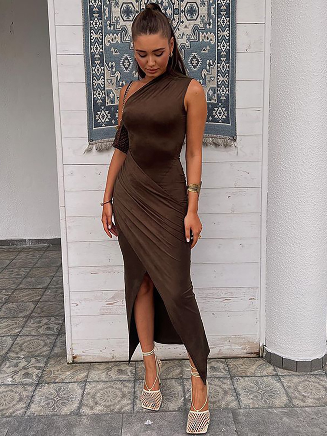 

StyleCast One Shoulder Bodycon Maxi Dress, Brown