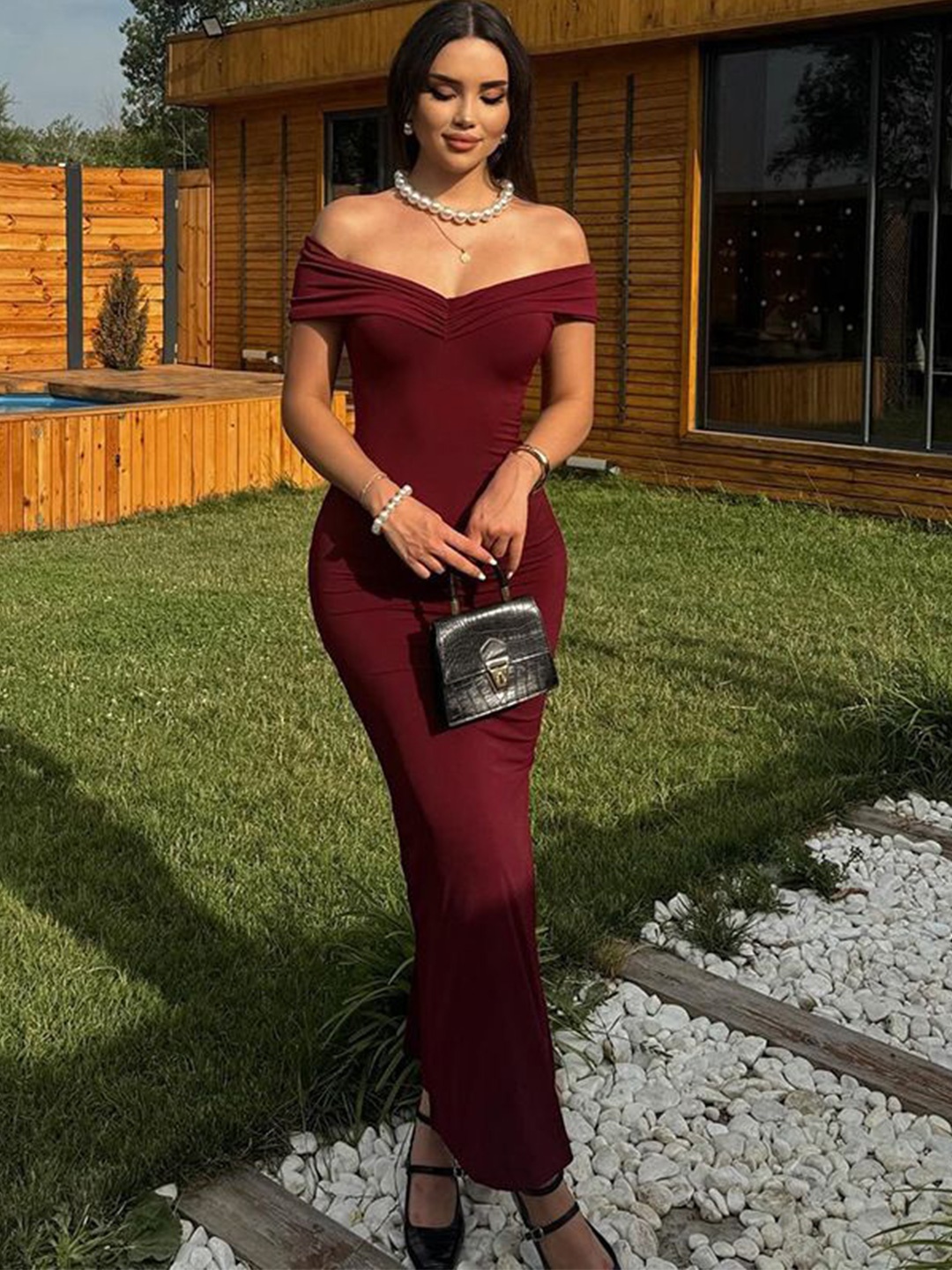 

StyleCast Women's Off-Shoulder Satin Maxi Dress, Maroon
