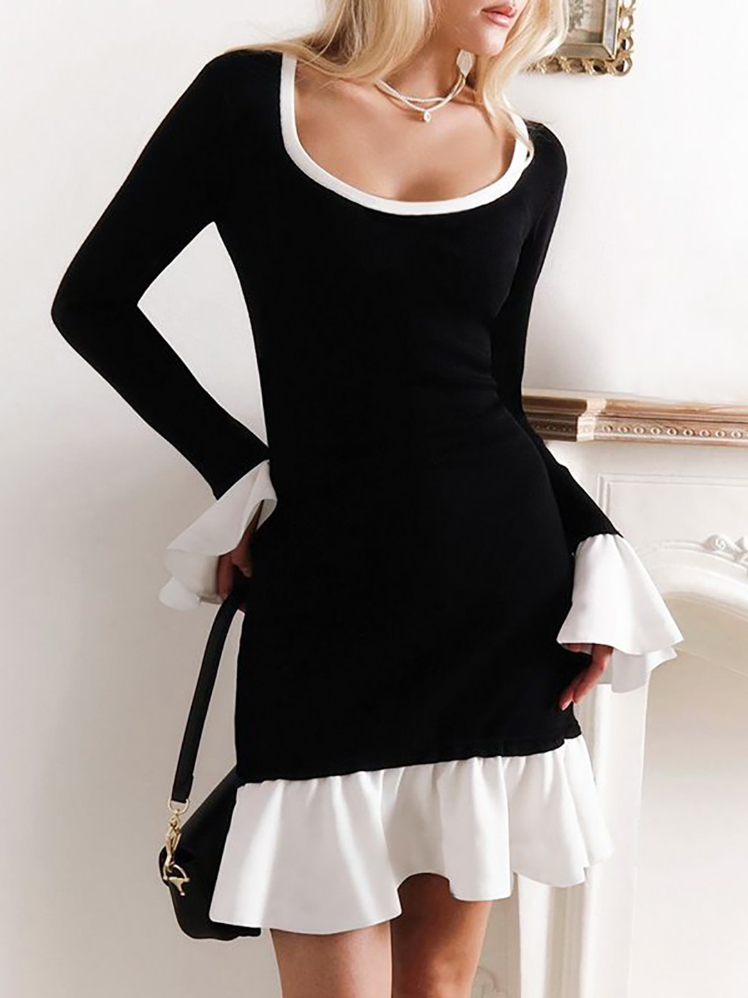 

StyleCast Bell Sleeve Satin Drop-Waist Dress, Black