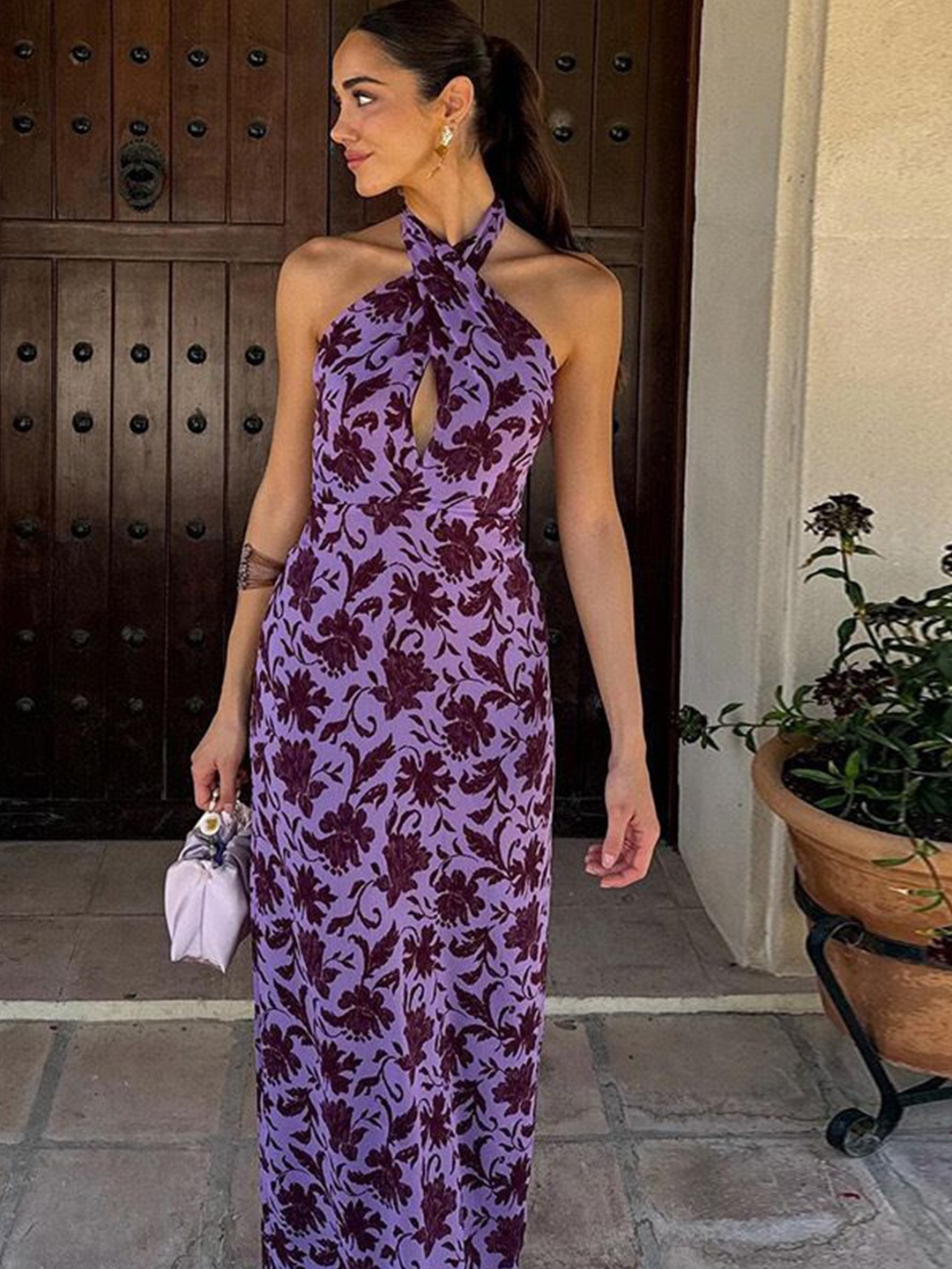 

StyleCast Floral Printed Halter Neck Satin Maxi Dress, Purple