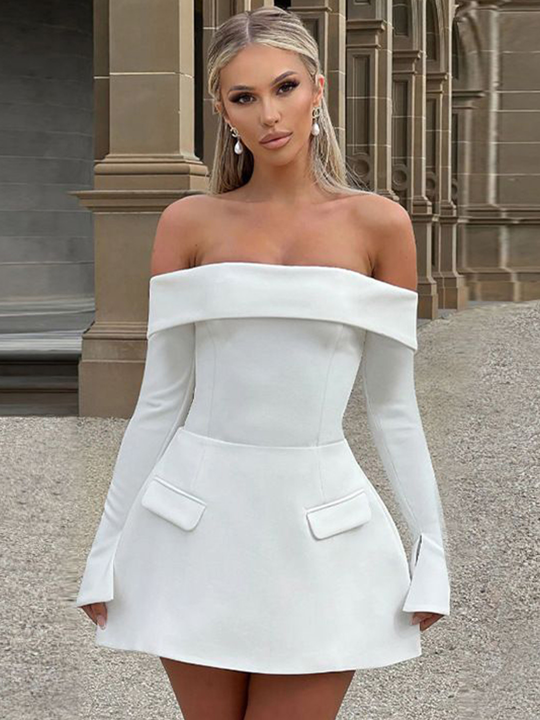 

StyleCast Off-Shoulder Satin Fit and Flare Mini Dress, White