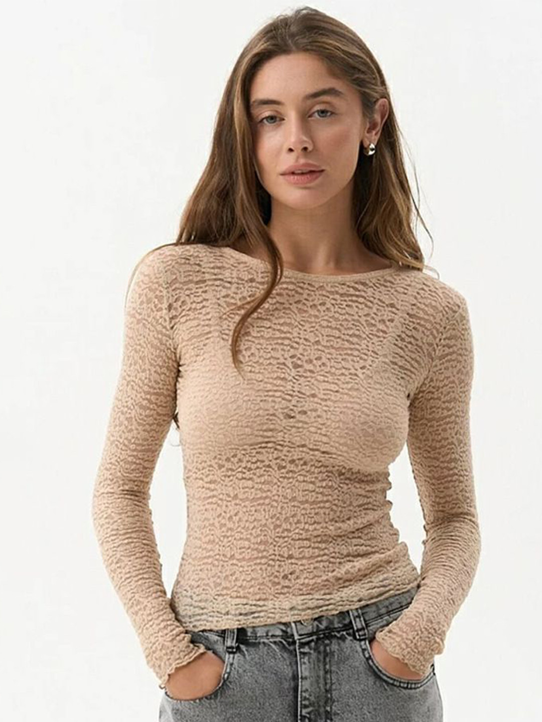 

StyleCast Women Round Neck Long Sleeves Top, Beige