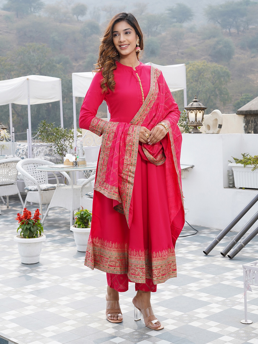 

Jaitpuriya Ethnic Motifs Printed Mandarin Collar Anarkali Kurta With Trousers And Dupatta, Pink