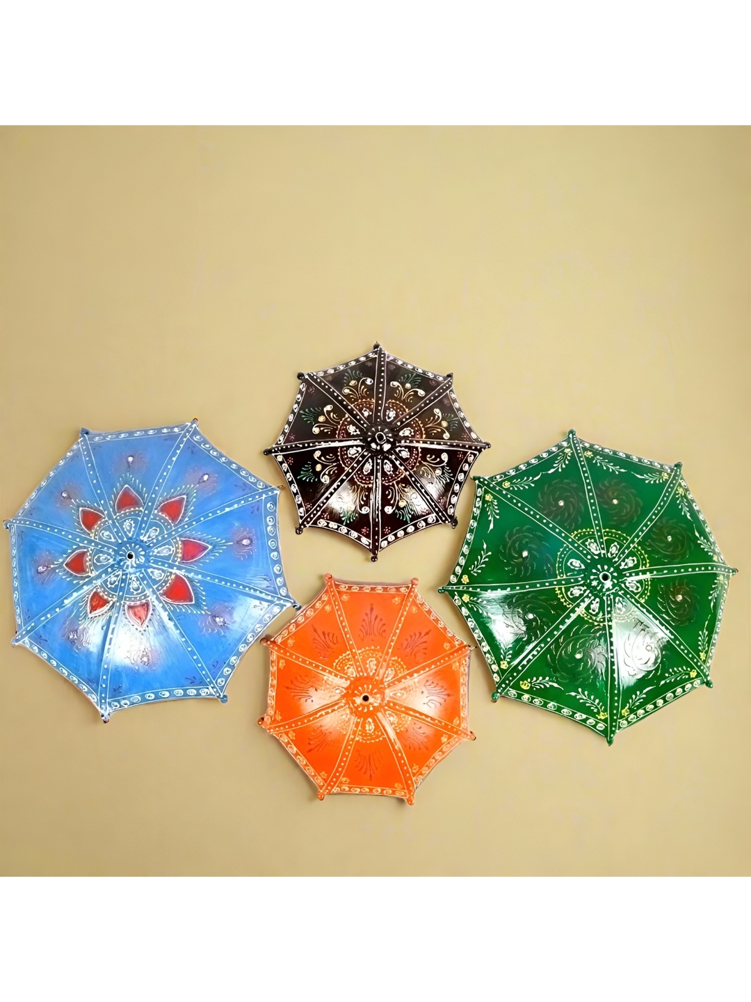 

apka mart Blue & Green 4 Pcs Printed Umbrella Wall Hanging With Rustic Finish