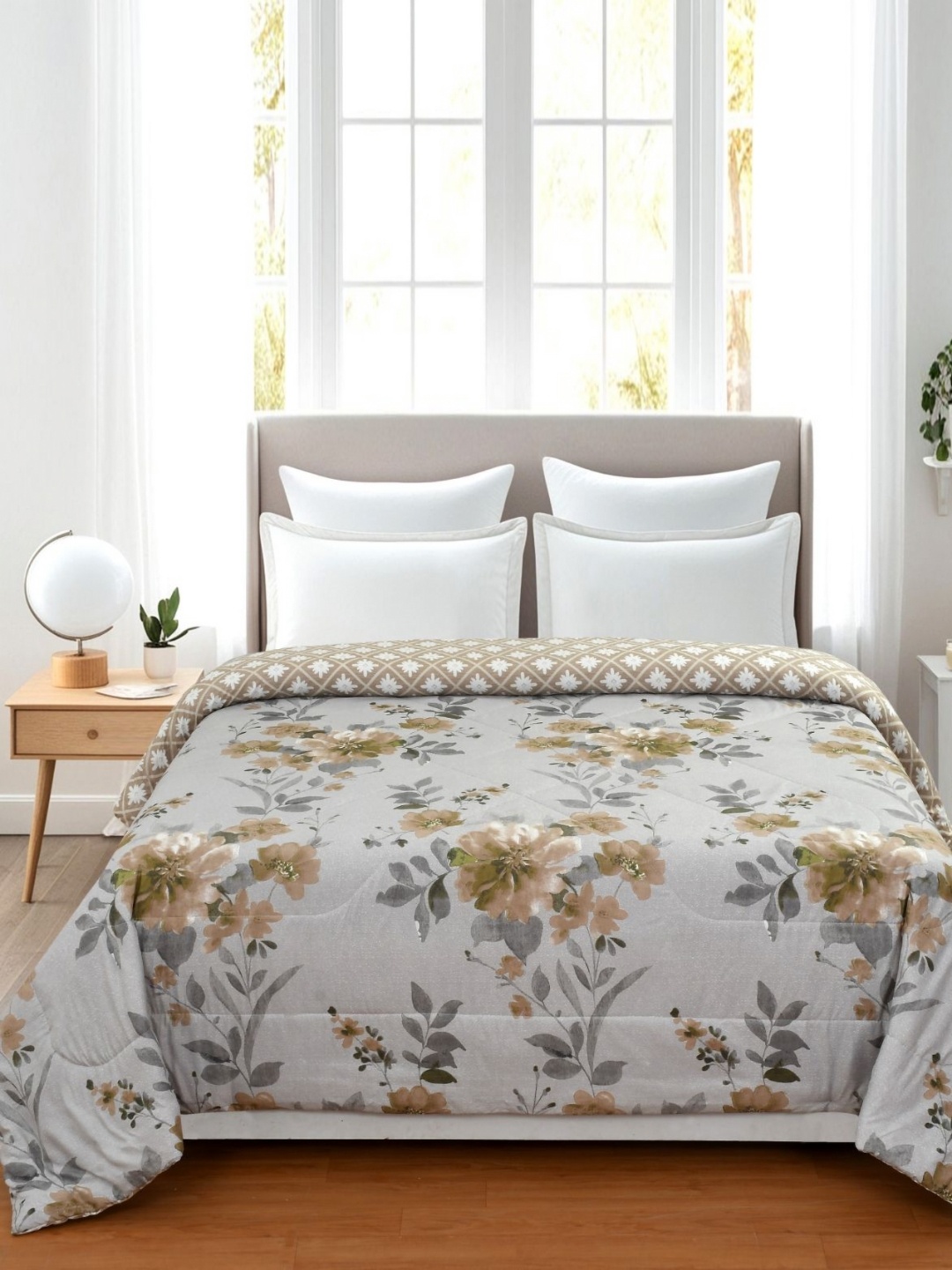 Florida Kian Grey & Brown Floral Microfiber 950 GSM Double Bed Comforter
